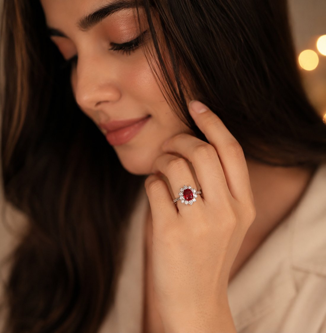Arvlux Oval Ruby & Diamond Floral Halo Cocktail Ring
