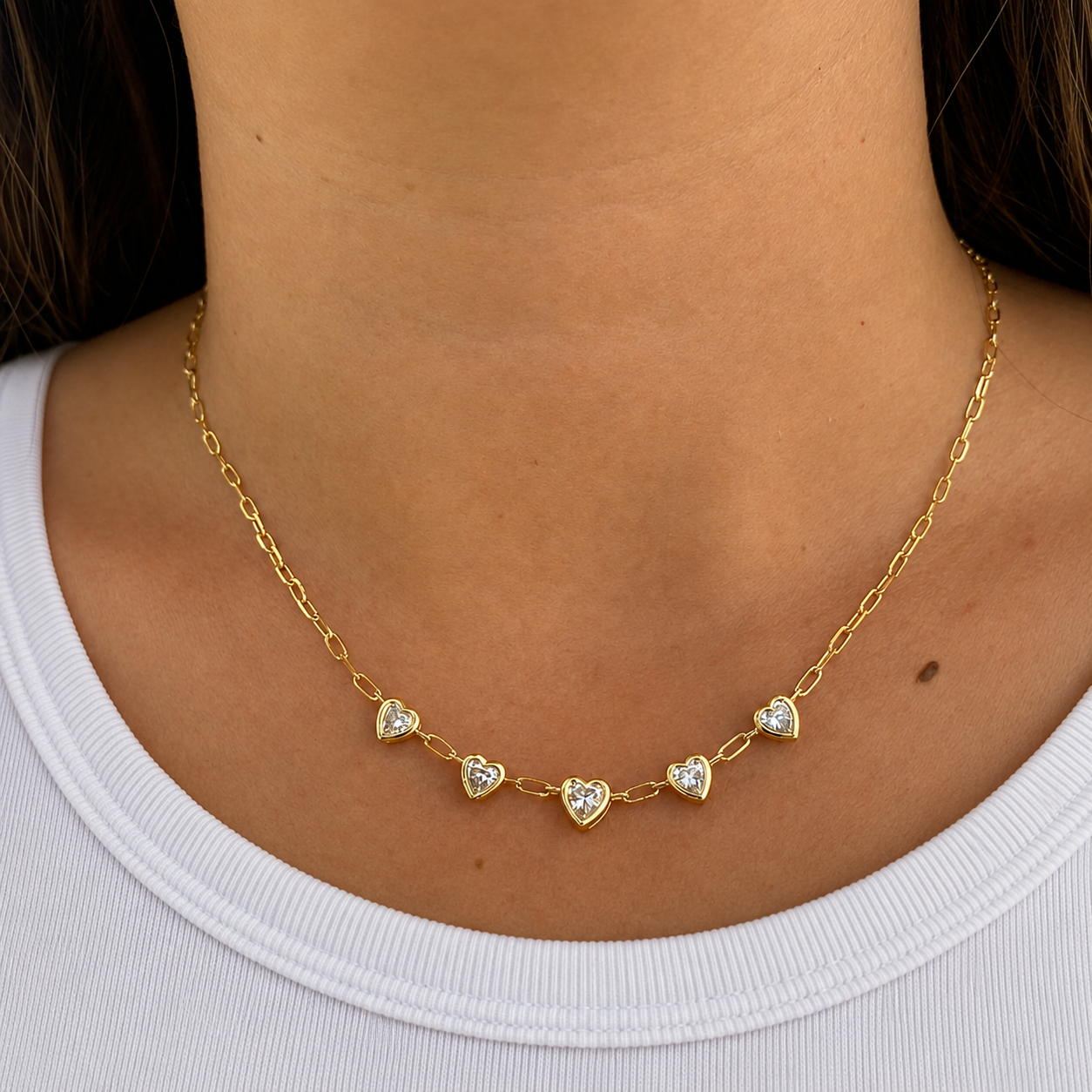 Heart Paperclip Necklace with Bezel Set Lab Grown Diamond Hearts | 14K Solid Gold Dainty Necklace