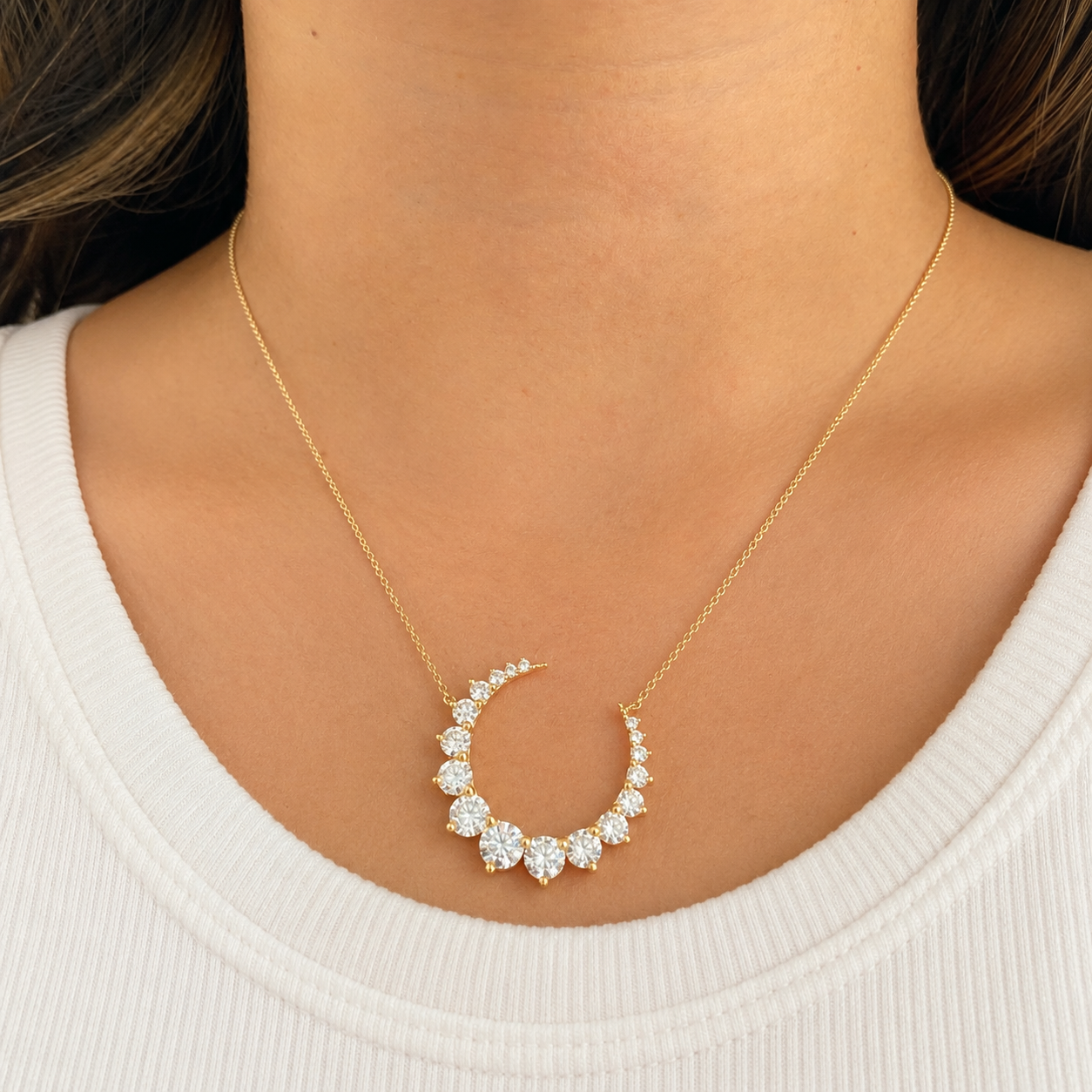 Round Brilliant Lab Grown Diamond Crescent Moon Necklace