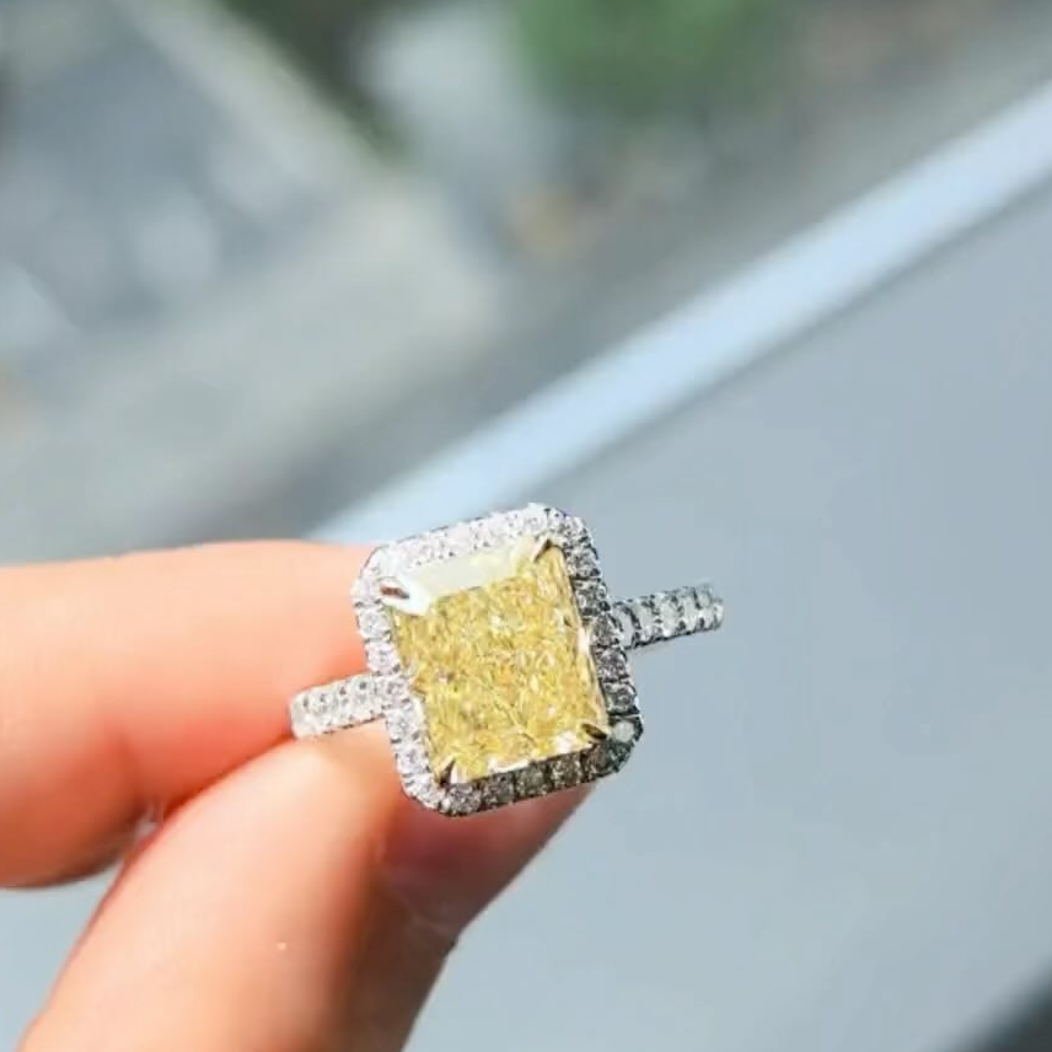 5 CT Fancy Yellow Radiant Cut Lab Grown Diamond Halo Engagement Ring | Hidden Halo Pave Band | 14K Gold