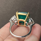 6 CT Emerald Cut Emerald Three Stone Ring | Trillion Diamond Engagement Ring | 14K Two Tone Gold Fine Jewelry