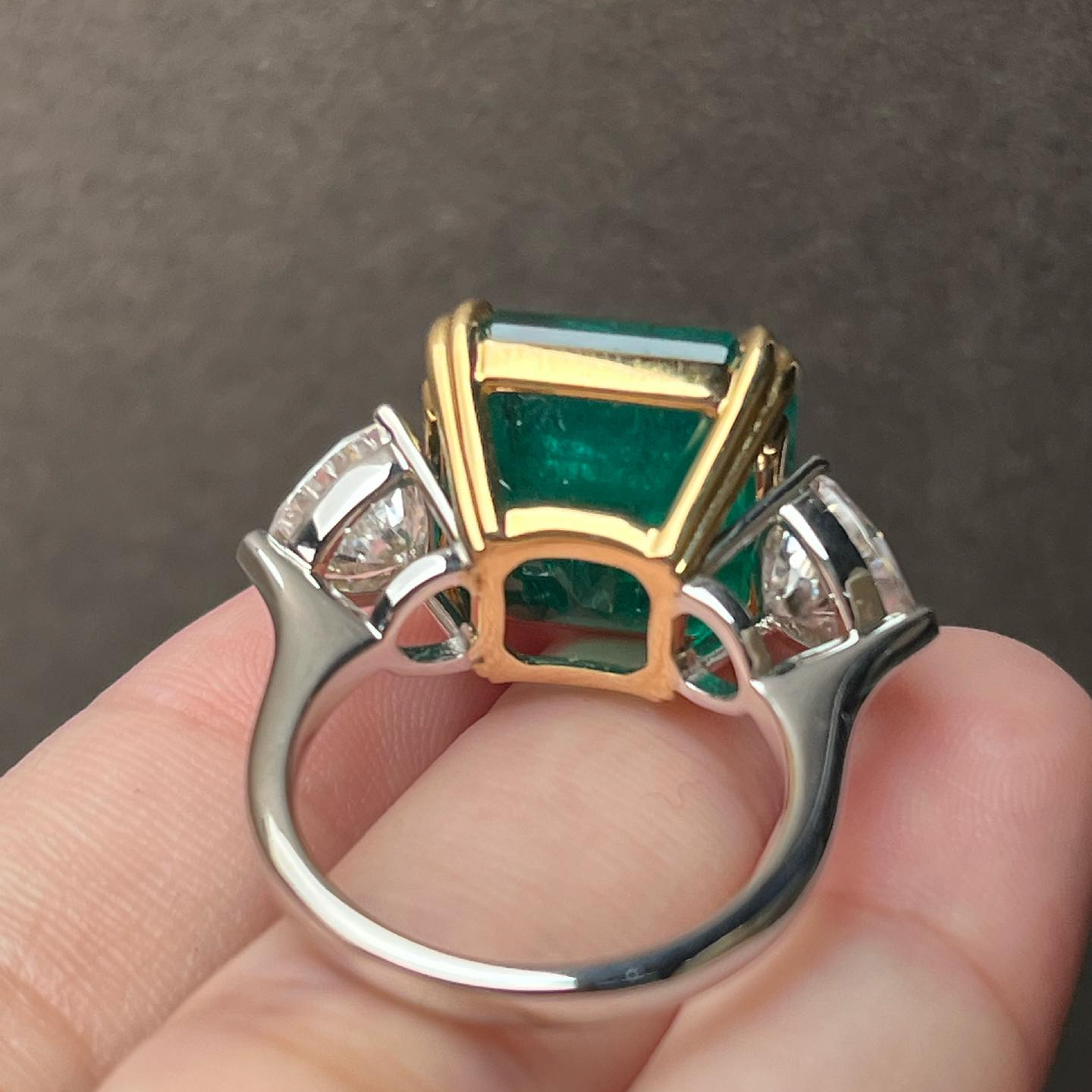 6 CT Emerald Cut Emerald Three Stone Ring | Trillion Diamond Engagement Ring | 14K Two Tone Gold Fine Jewelry