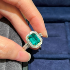 Emerald Cut Emerald & Baguette Diamond Halo Ring | Art Deco Engagement Ring