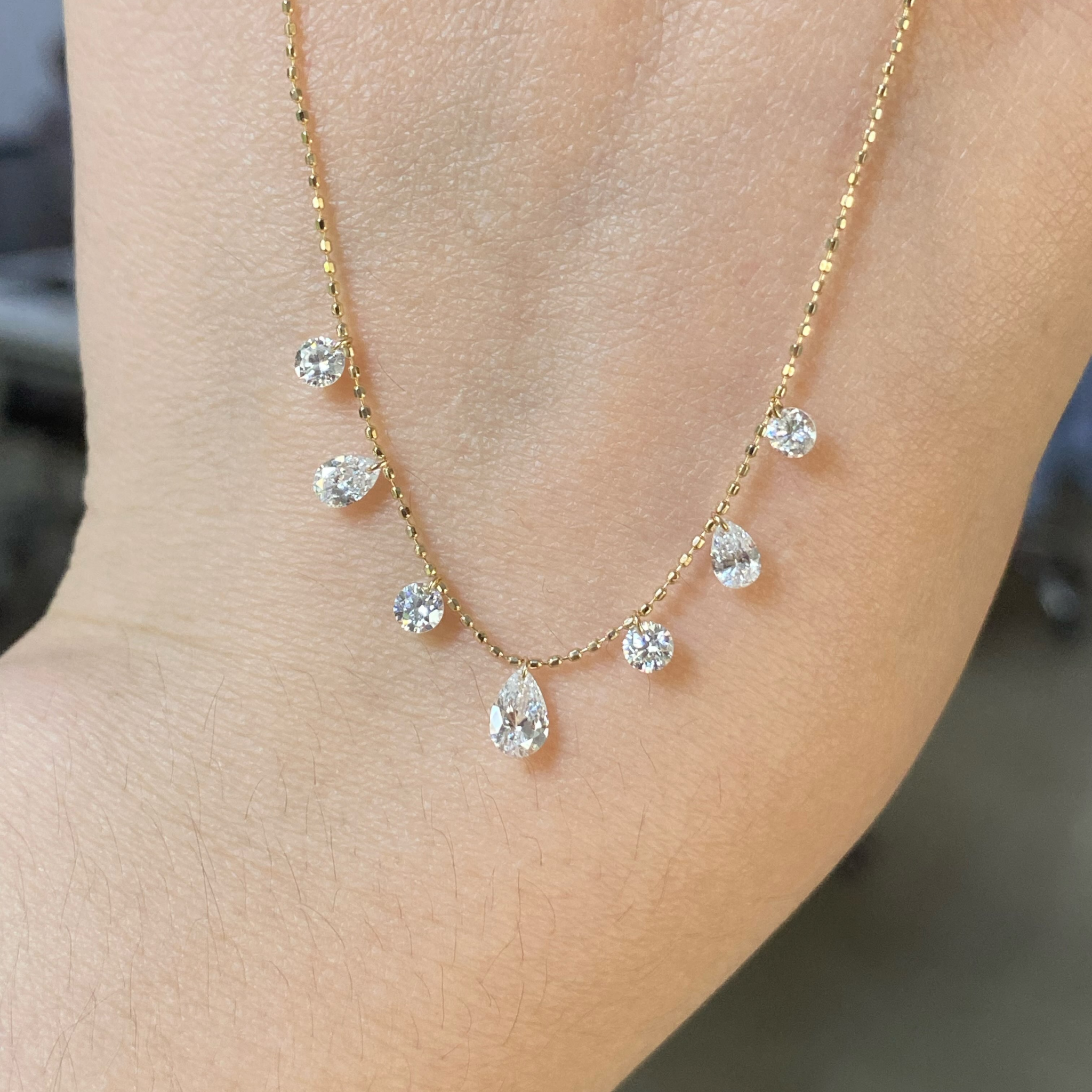 1 CT Floating Lab Grown Diamond Station Necklace | Round & Pear Diamond Dangle Necklace | 14K Gold Fine Jewelry