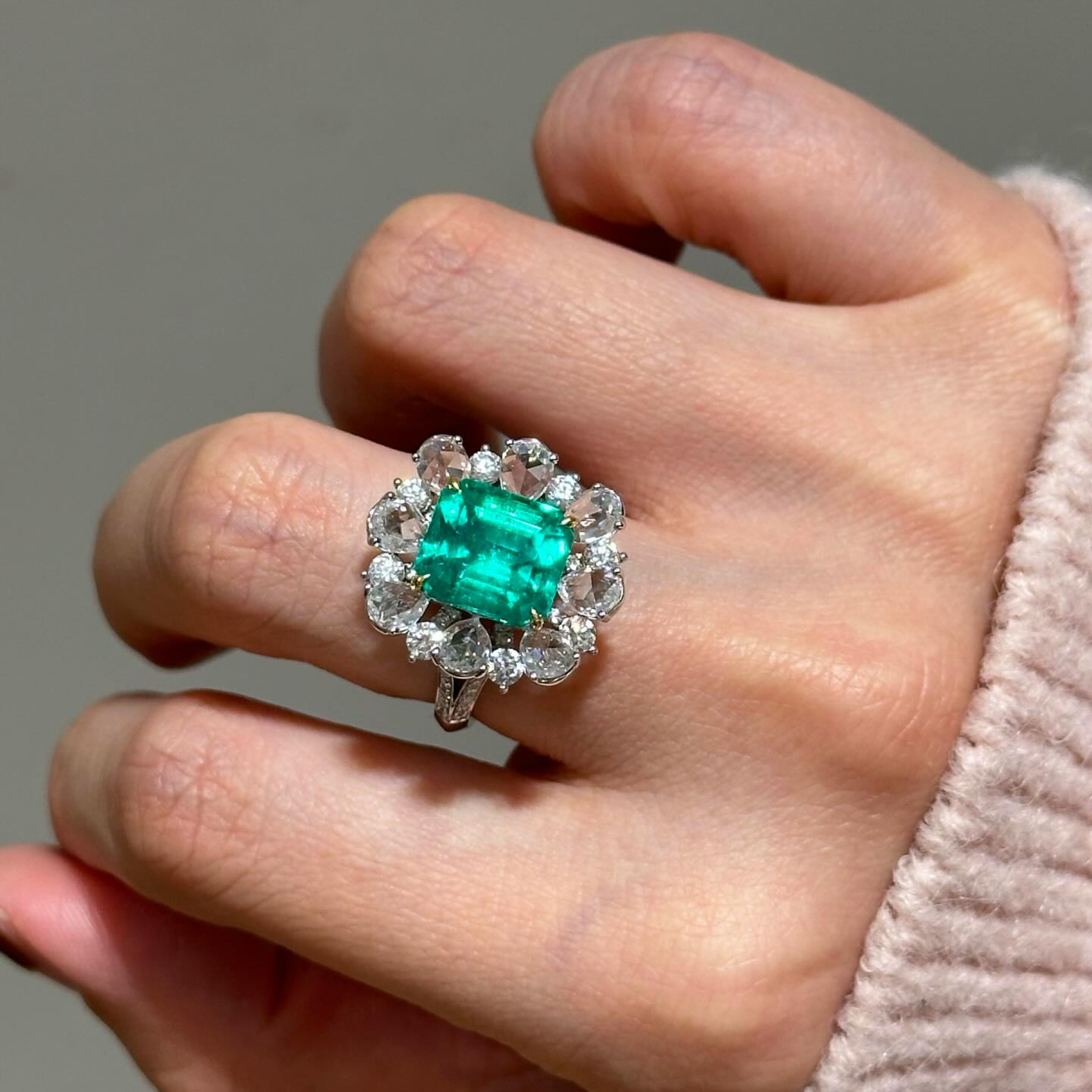 2 CT Green Emerald Cut Lab Grown Diamond Ring | Vintage Floral Halo Engagement Ring | Split Shank Diamond Bridal Ring