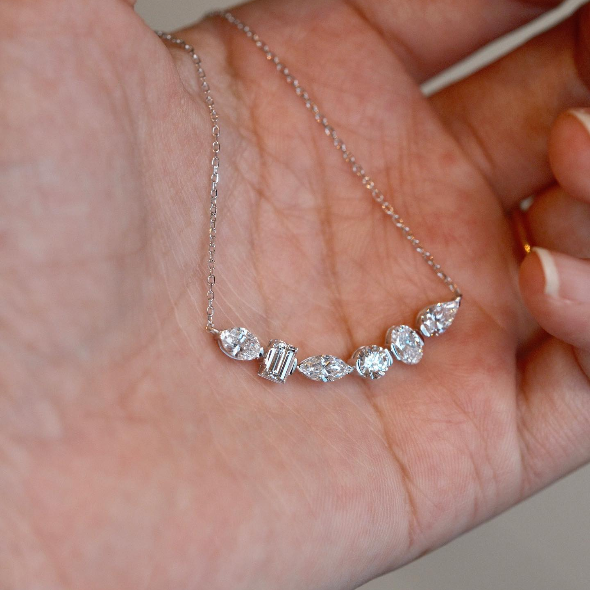 Mixed Shape Lab Grown Diamond Bar Necklace | Emerald, Marquise, Oval, Round & Pear Cut Diamonds in 14K Solid Gold