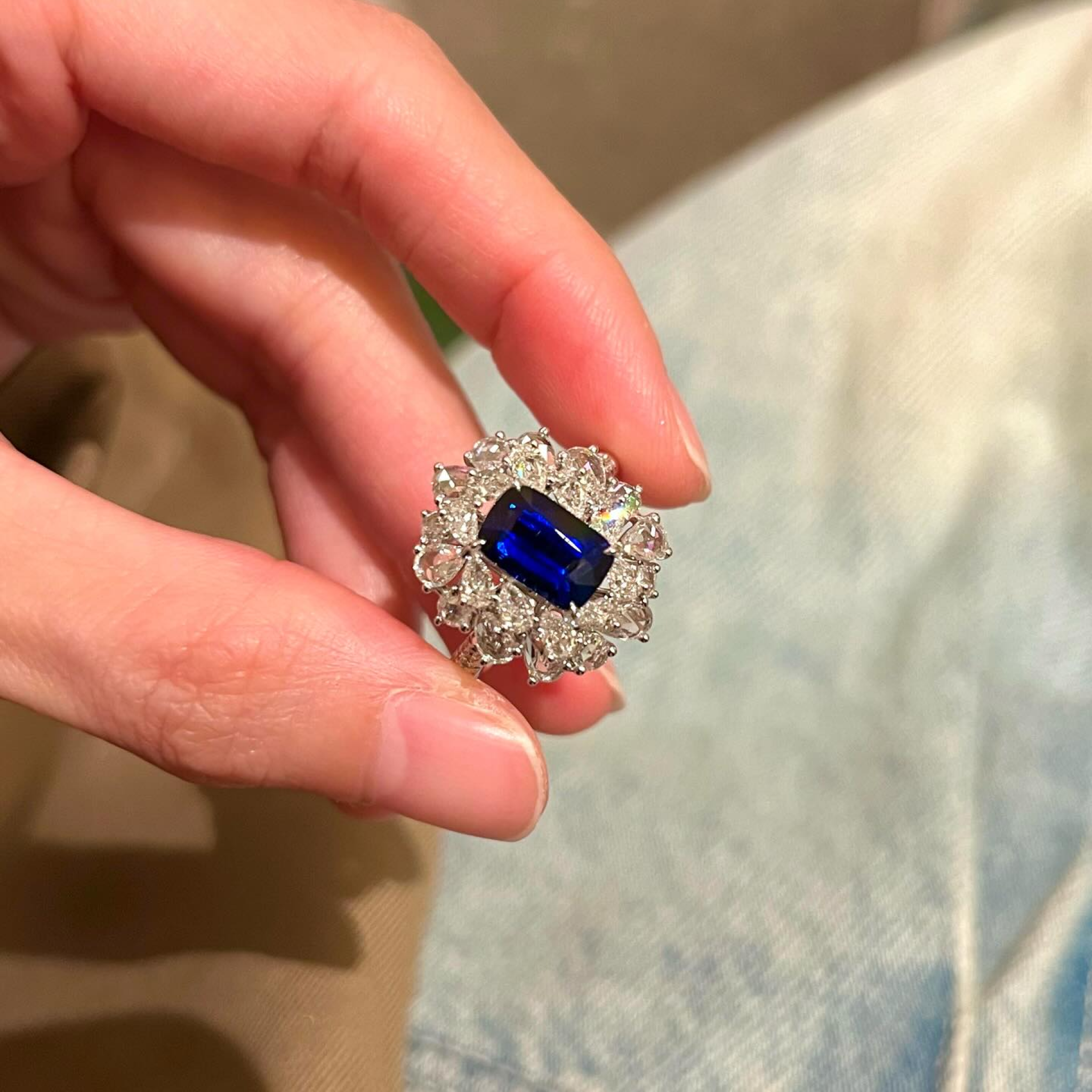 Emerald Cut Blue Sapphire Floral Halo Cocktail Ring | Diamond Cluster Statement Ring
