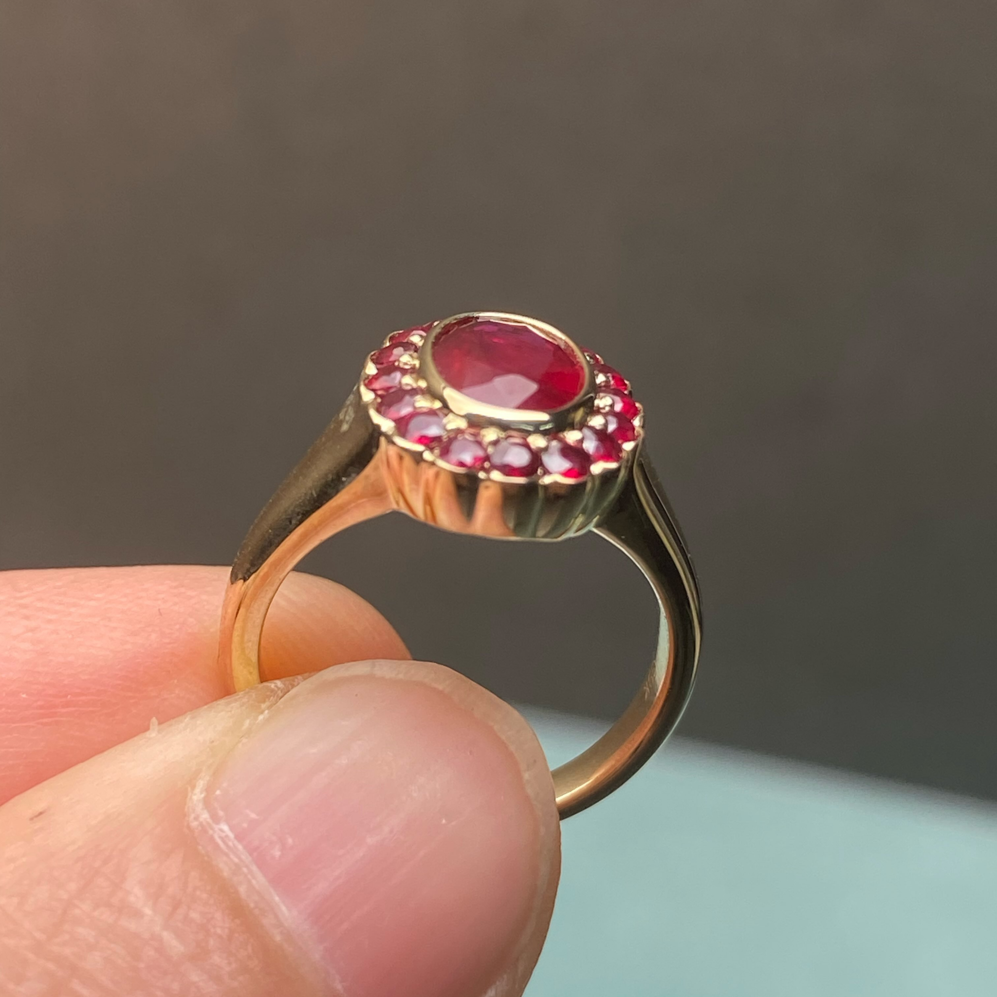 1 CT Oval Red Ruby Halo Ring in Yellow Gold | Vintage Ruby Statement Ring