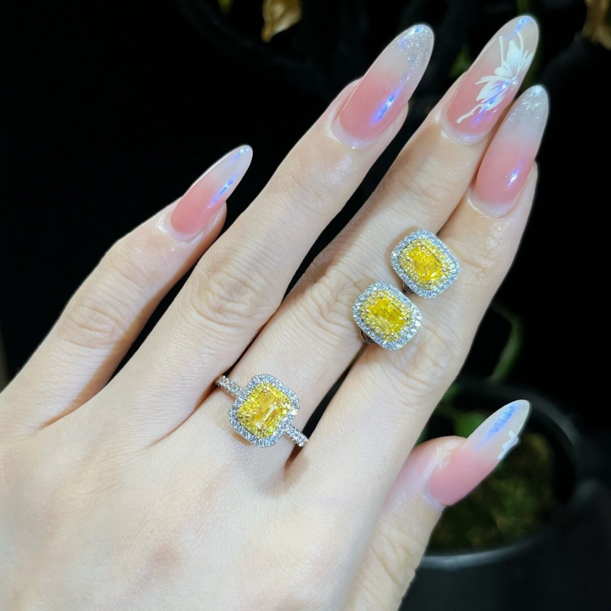 Fancy Yellow Diamond Halo Engagement Ring | Radiant Cut Pavé Diamond Ring
