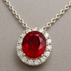 Oval Ruby Diamond Halo Pendant Necklace | White Gold Classic Ruby Solitaire Pendant