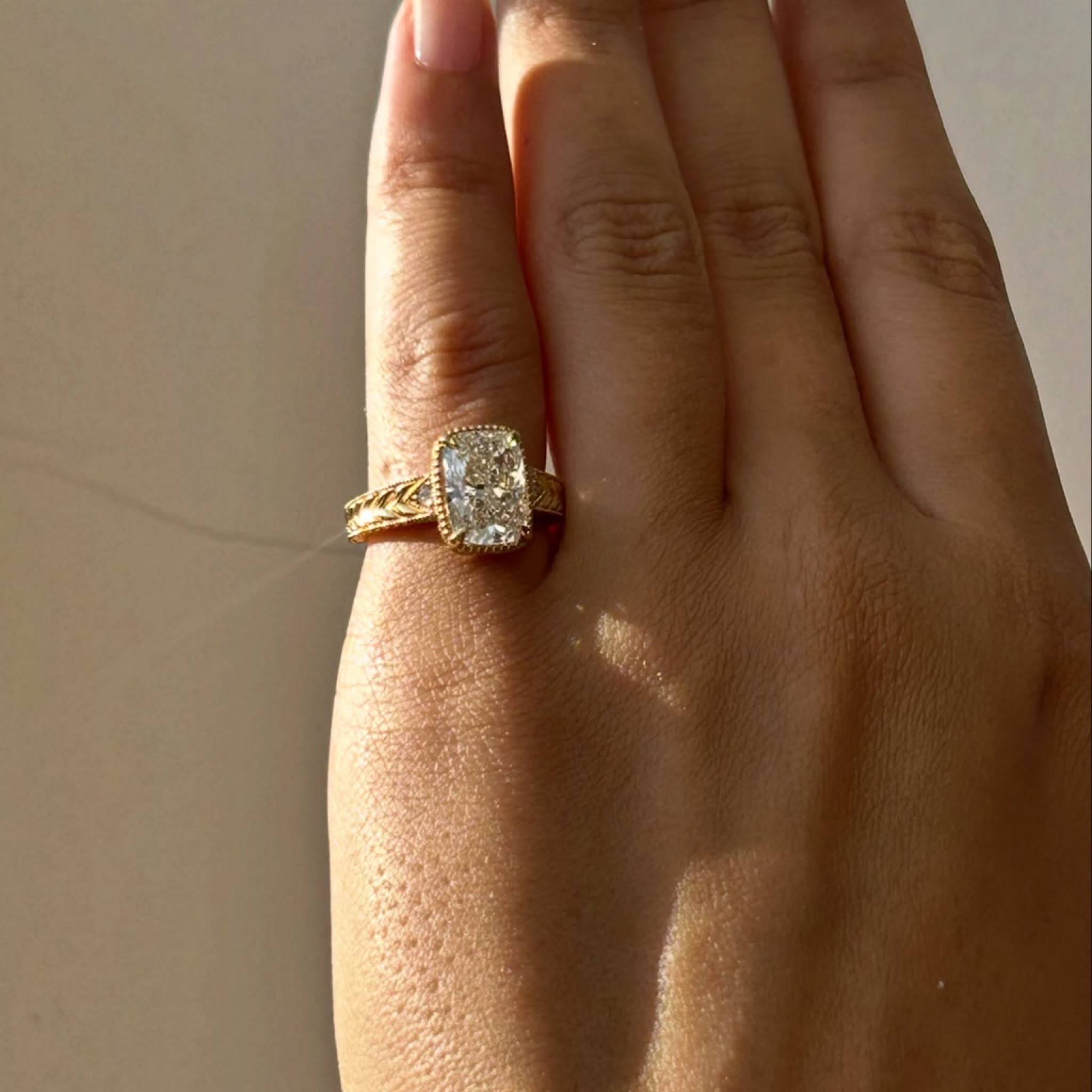 2 CT Radiant Cut Lab Grown Diamond Vintage Engagement Ring | Milgrain Bezel, Hand Engraved 14K Solid Gold Ring