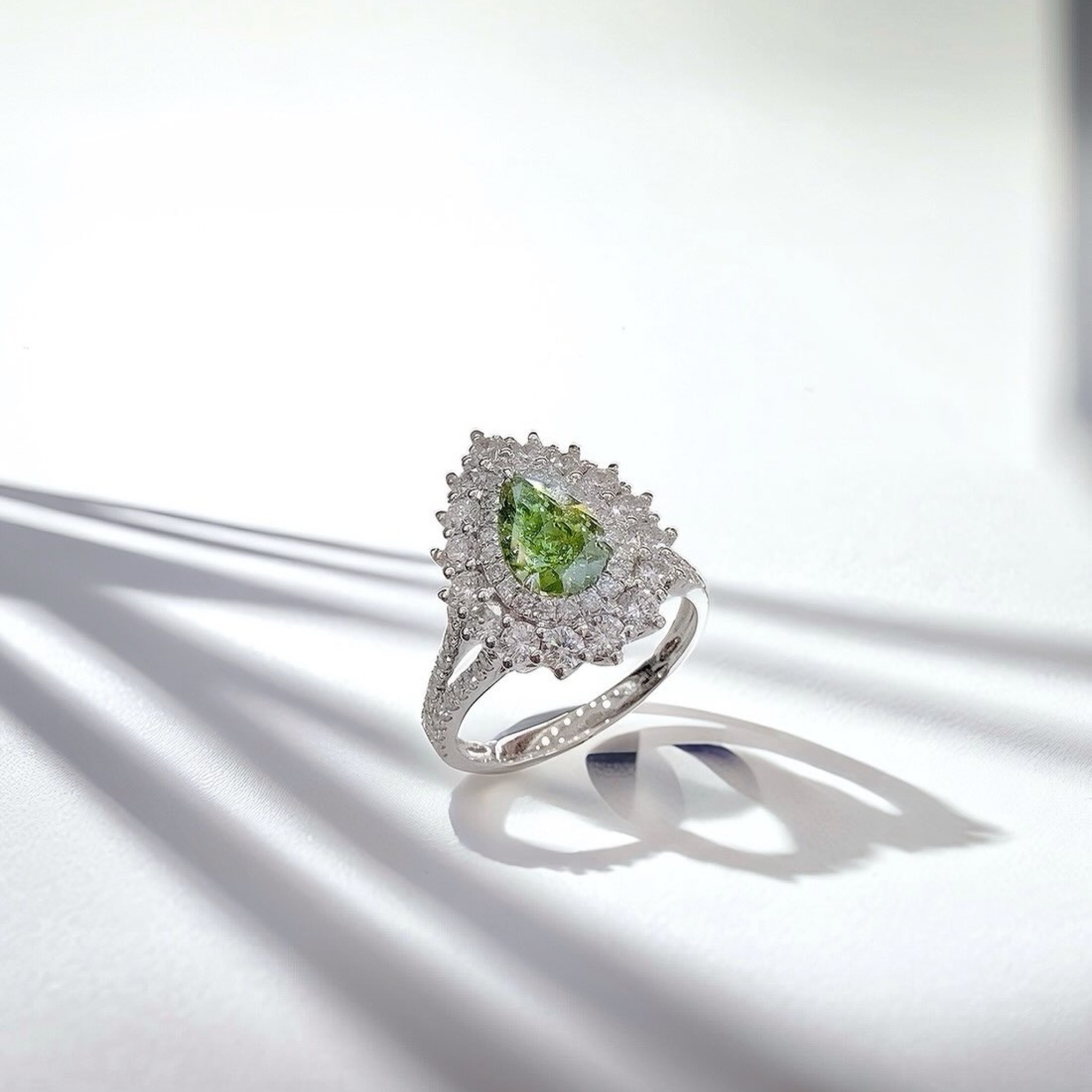 2 CT Fancy Green Pear Cut Lab Grown Diamond Ring | Double Halo Split Shank Pavé Engagement Ring