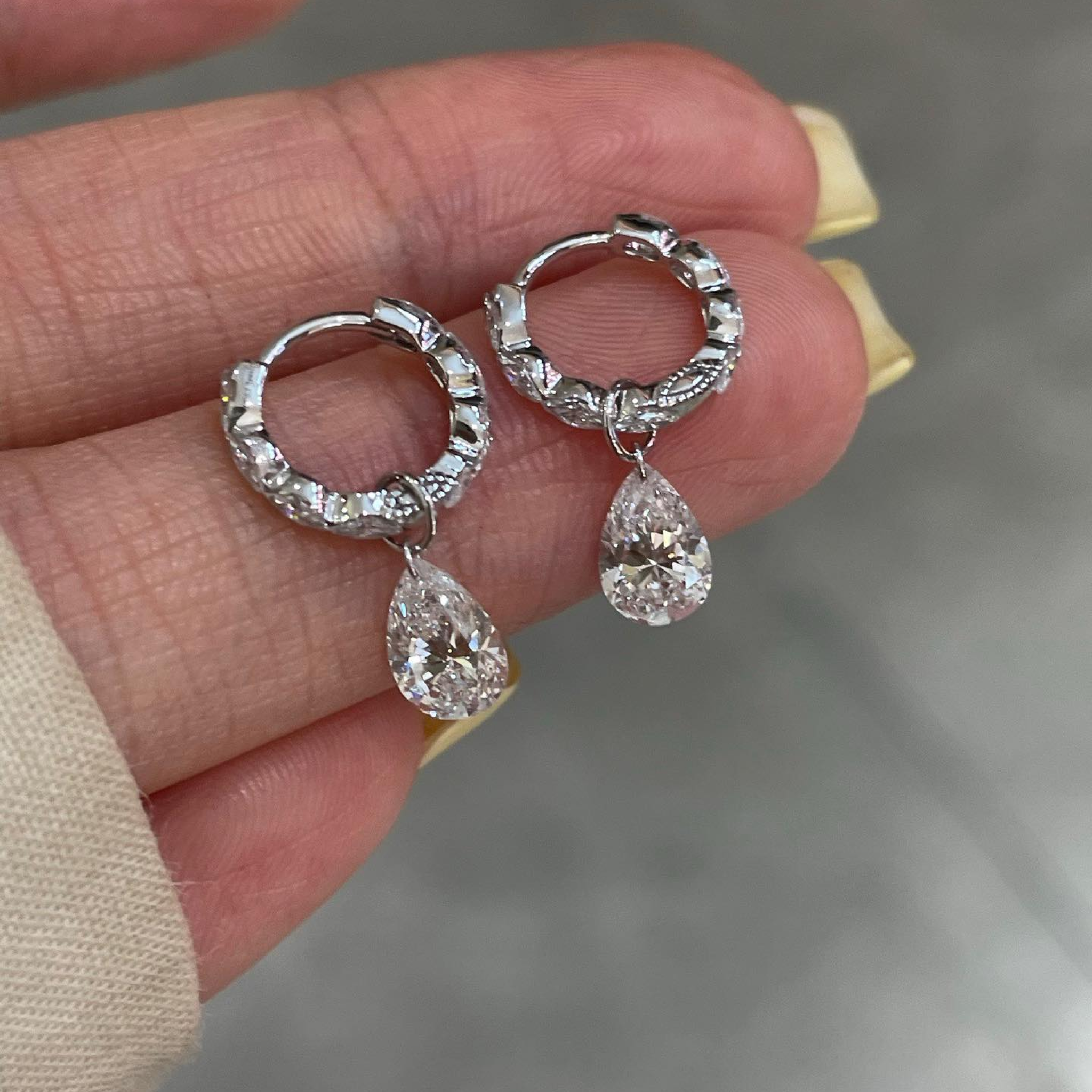 Pear Drop Lab Grown Diamond Hoop Earrings | Diamond Huggie Dangle Earrings