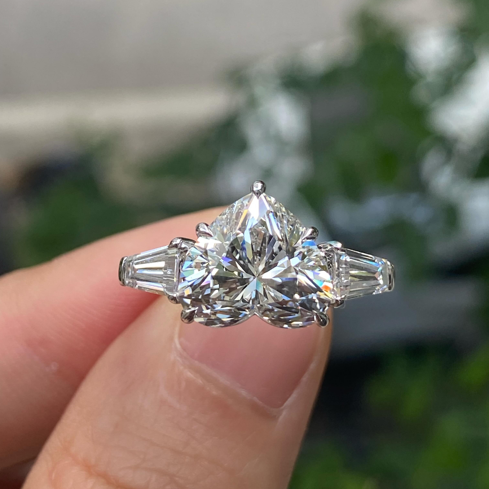 Heart-Cut Lab Diamond Three-Stone Engagement Ring with Tapered Baguette Side Stones