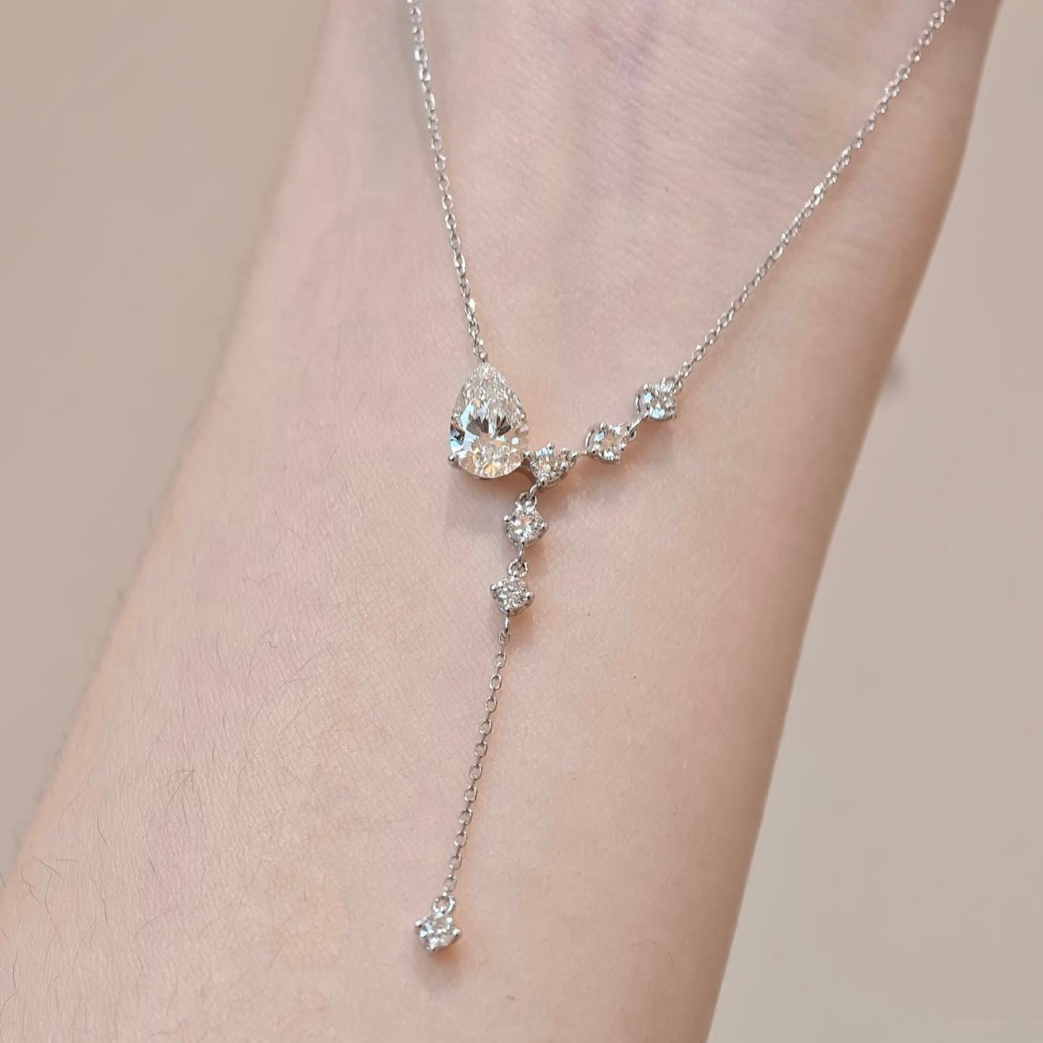 Pear Cut Lab Grown Diamond Y Drop Necklace | Round Diamond Lariat Pendant | 14K White Gold Bridal Necklace