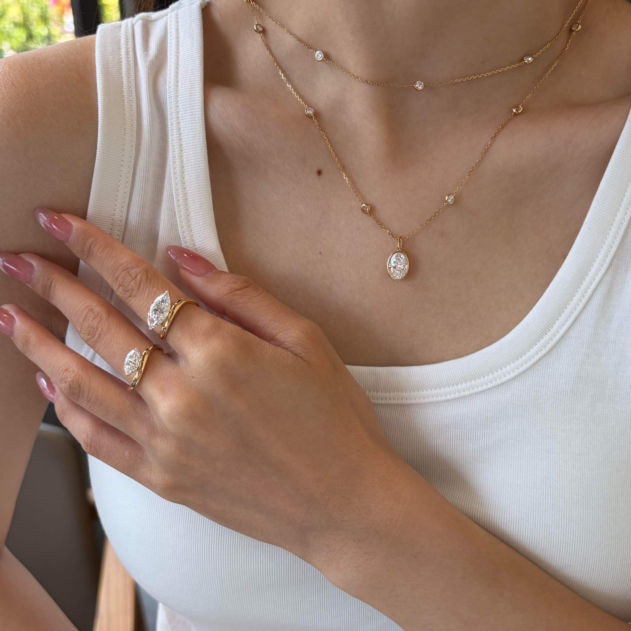 Oval Lab Grown Diamond Bezel Station Necklace | Minimalist Solitaire Pendant Necklace