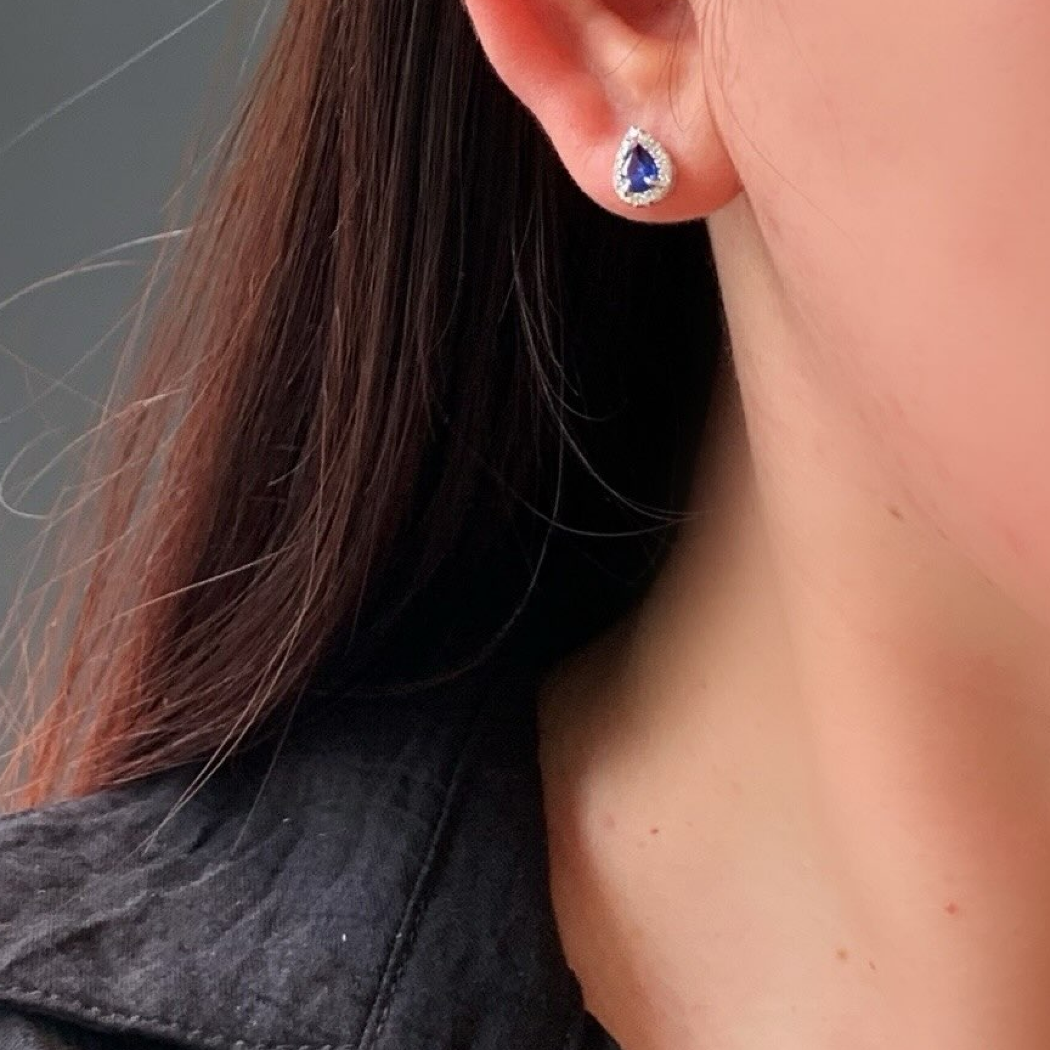 Blue Pear-Cut Sapphire Diamond Halo Stud Earrings