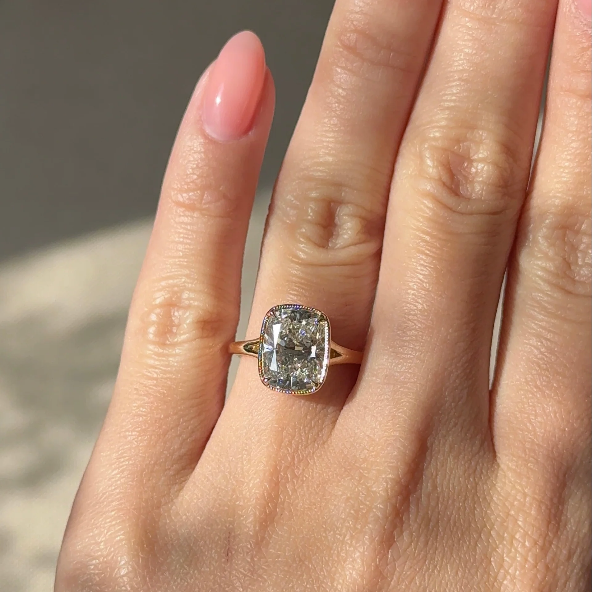 3 carats Elongated Cushion cut Tapered band with slim bezel ring