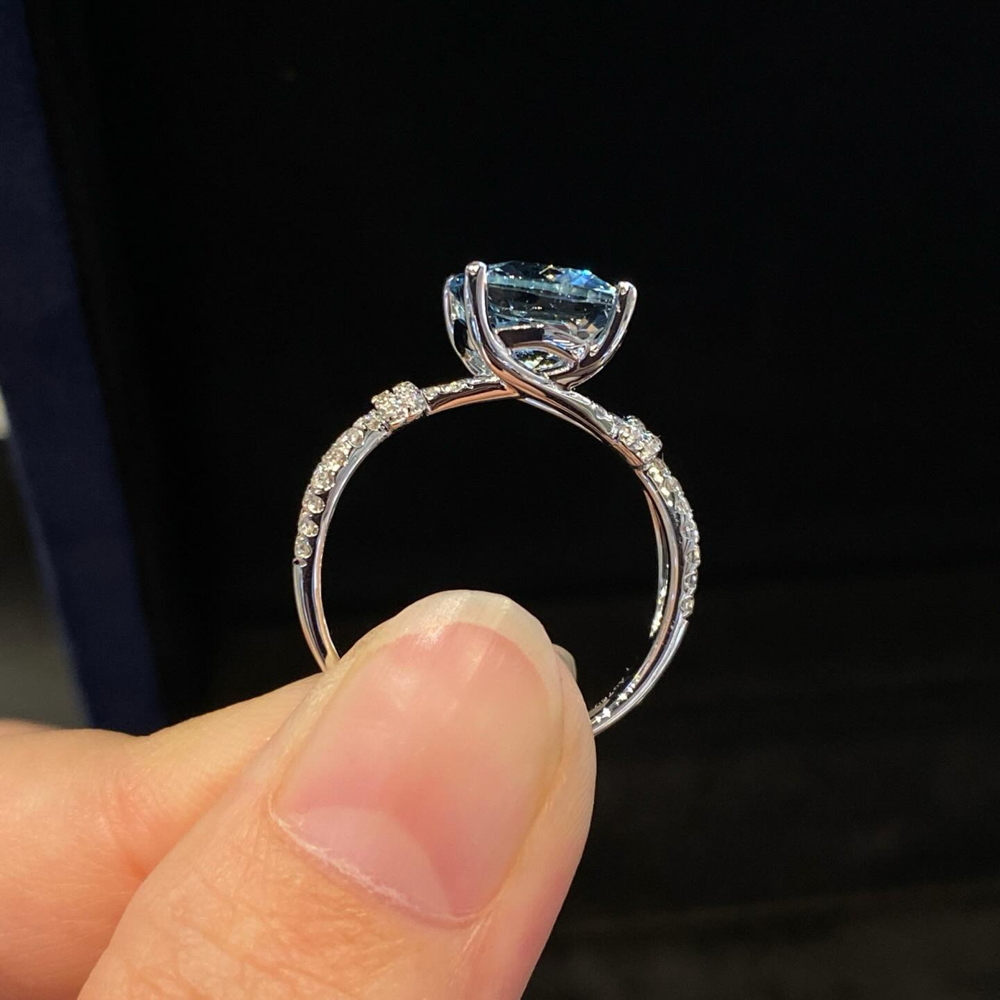 Light Blue Cushion Cut Engagement Ring | Twisted Pavé Diamond Band | White Gold Solitaire Ring