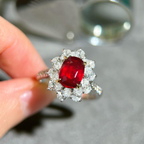 Oval Ruby & Diamond Floral Halo Cocktail Ring | Luxury Statement Ring