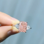 Pink Radiant Cut Lab Grown Diamond Engagement Ring | Pear Side Stone Three Stone Ring | 14K White Gold Bridal Ring