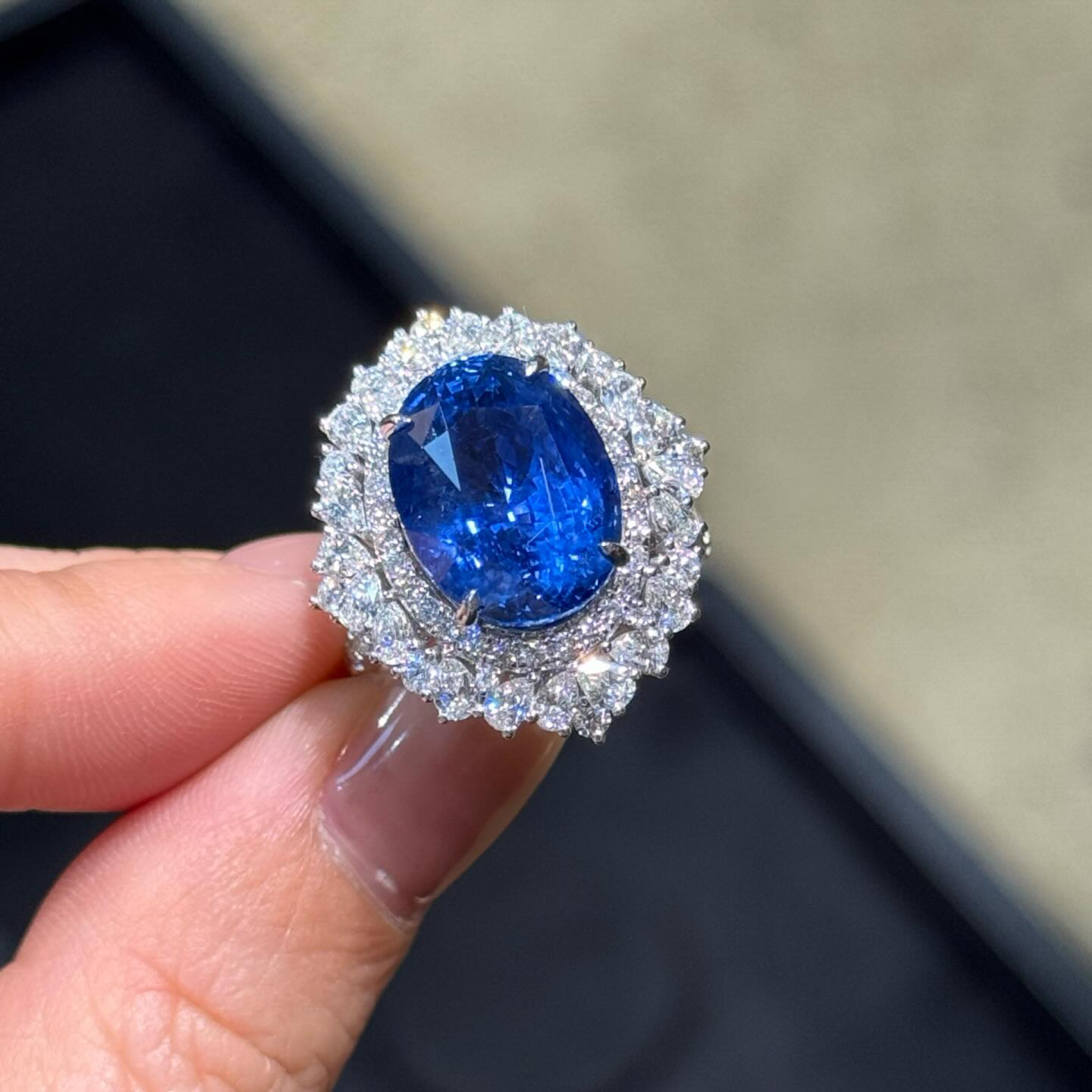 Oval Blue Sapphire & Diamond Double Halo Ring | Vintage Cocktail Ring