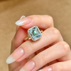 Emerald-Cut Aquamarine & Lab Emerald Halo Engagement Ring with Diamond Pavé Border