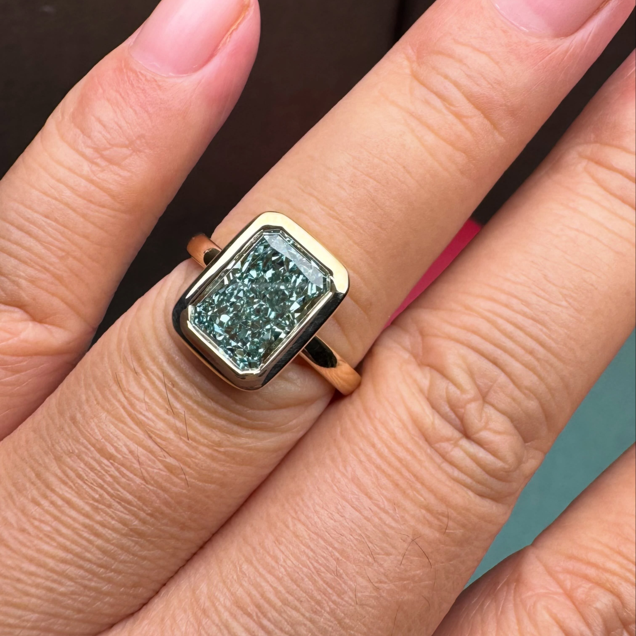 Radiant Cut Green Lab Grown Diamond Bezel Ring | Fancy Green Solitaire Engagement Ring | 14K Gold