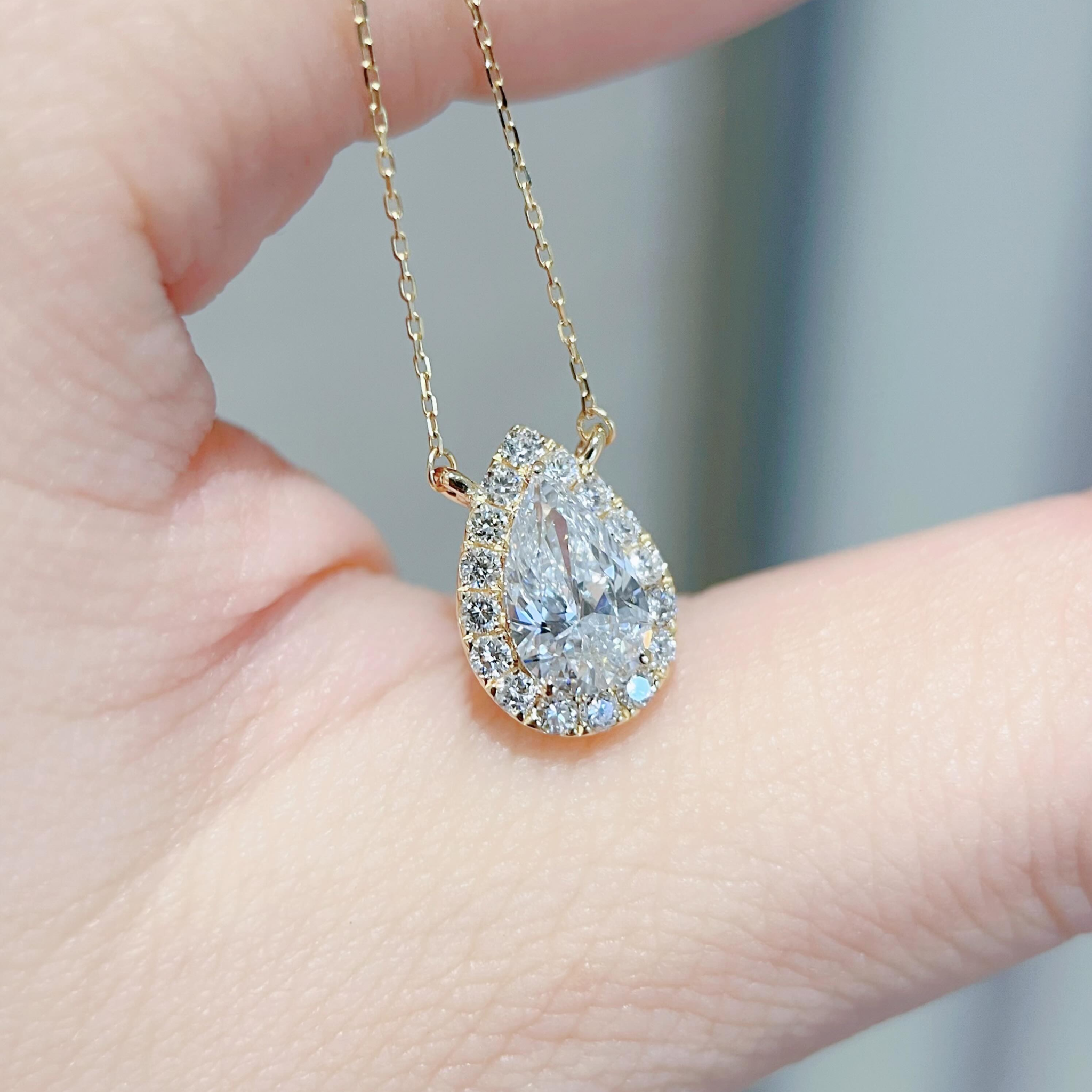 2 CT Pear-Cut Lab Diamond Pendant Necklace with Round Diamond Halo