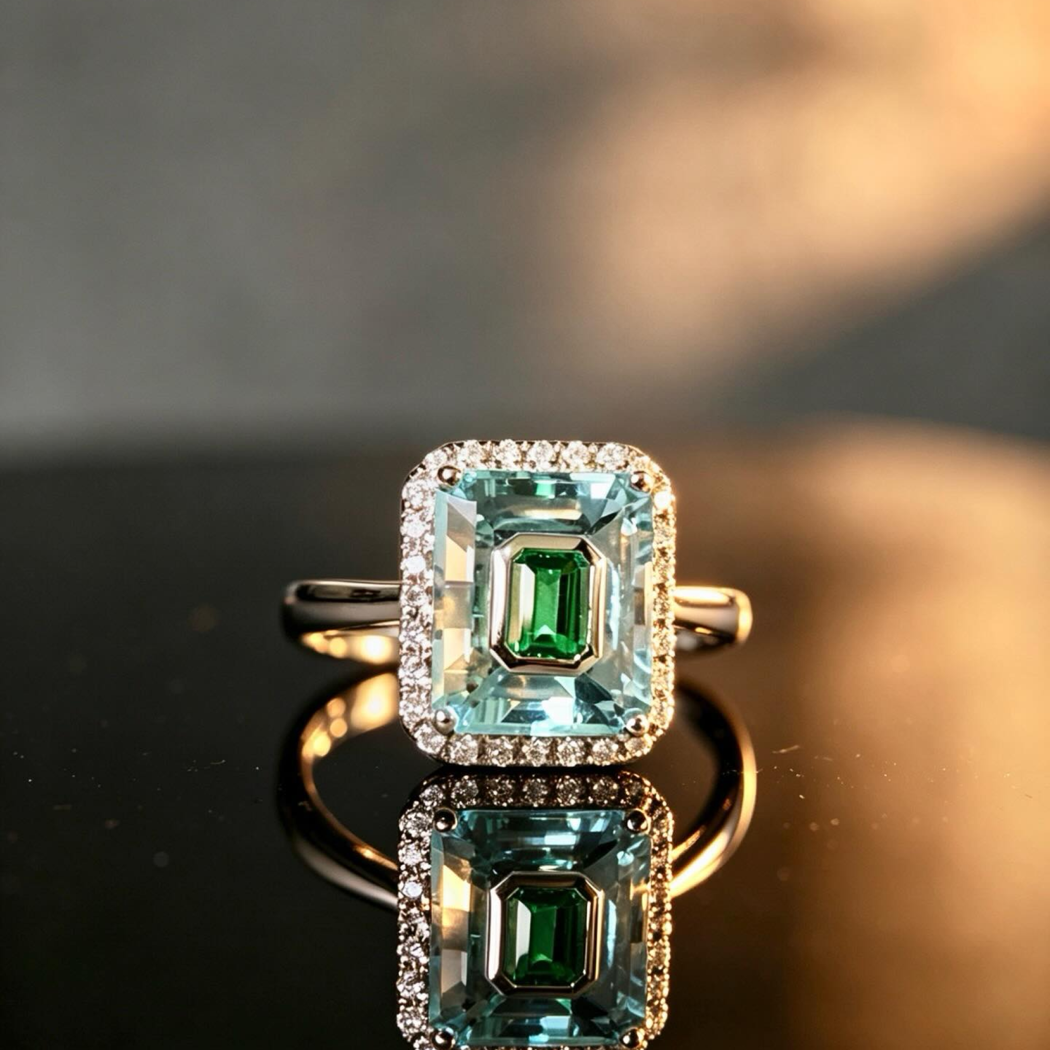 Emerald-Cut Aquamarine & Lab Emerald Halo Engagement Ring with Diamond Pavé Border