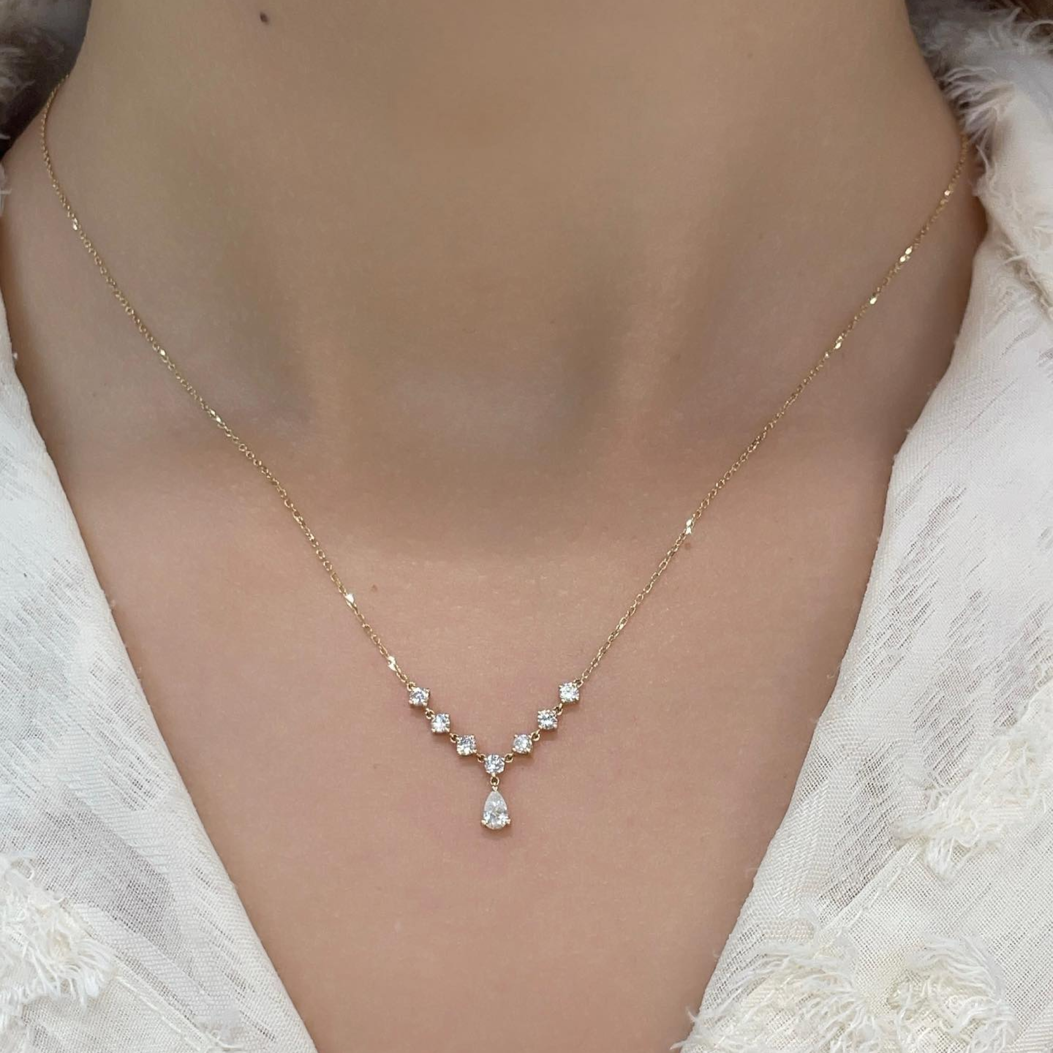 Pear Drop Lab Grown Diamond Necklace | Station Diamond Pendant Necklace | Dainty Lab Grown Diamond Jewelry