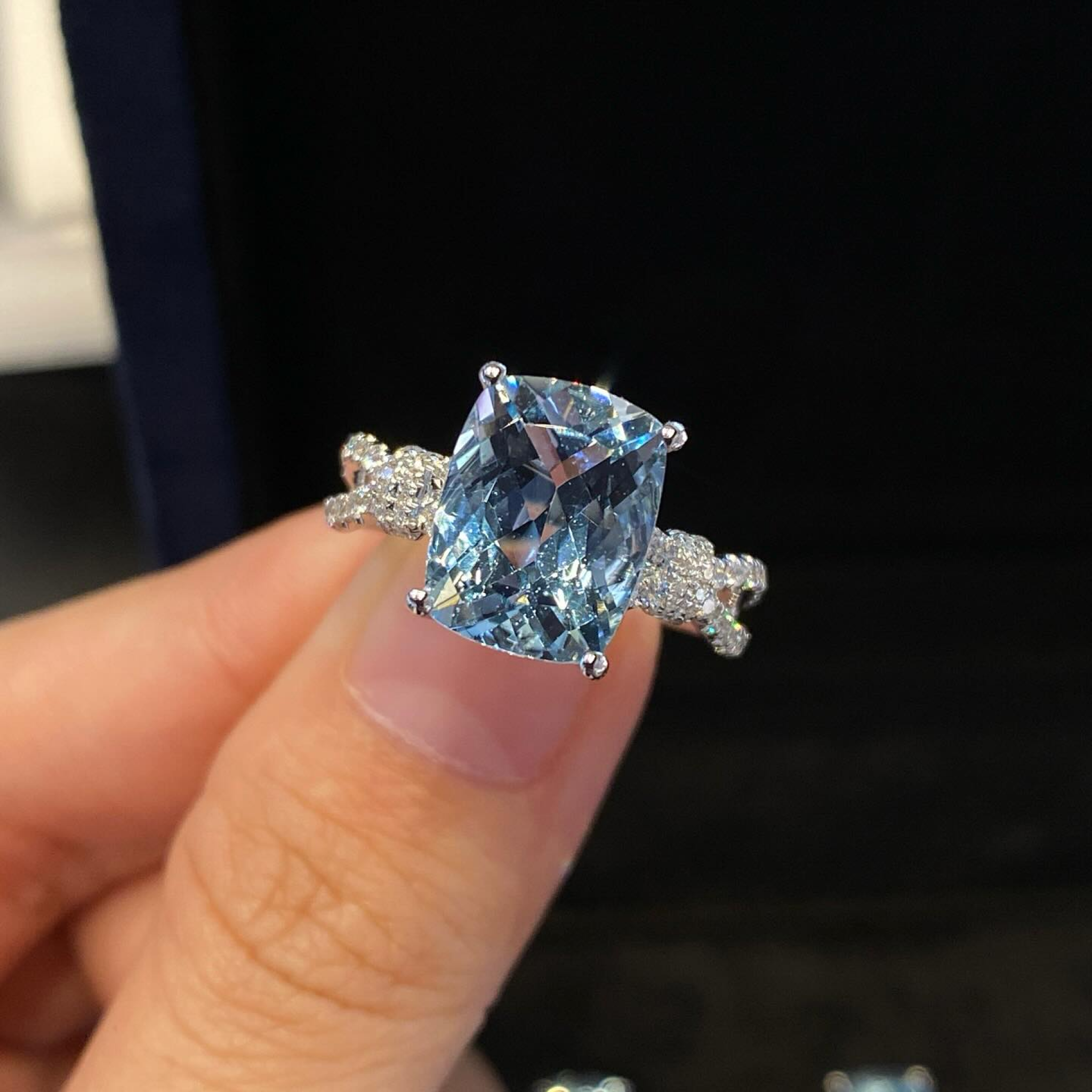 Light Blue Cushion Cut Engagement Ring | Twisted Pavé Diamond Band | White Gold Solitaire Ring