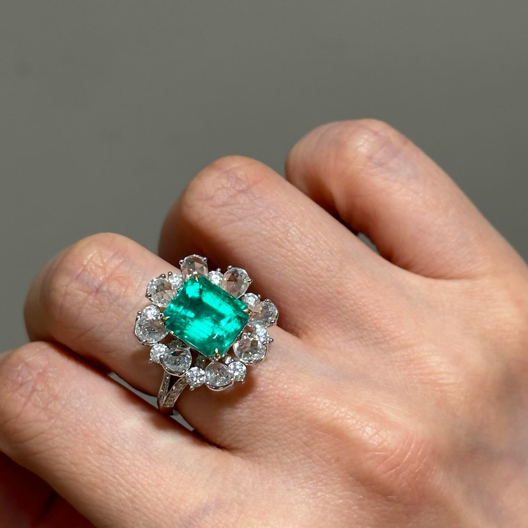 2 CT Green Emerald Cut Lab Grown Diamond Ring | Vintage Floral Halo Engagement Ring | Split Shank Diamond Bridal Ring