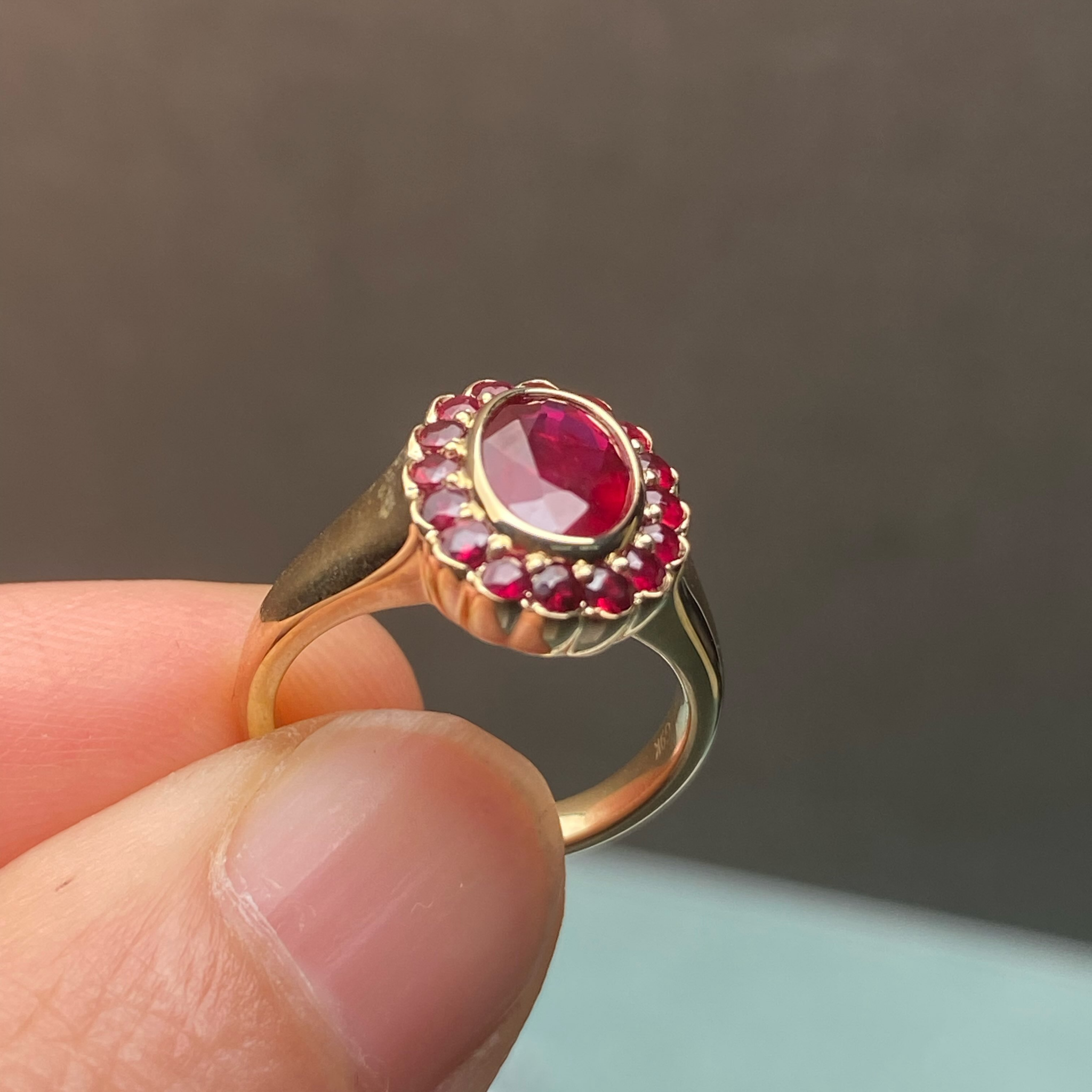 1 CT Oval Red Ruby Halo Ring in Yellow Gold | Vintage Ruby Statement Ring
