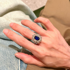 Emerald Cut Blue Sapphire Floral Halo Cocktail Ring | Diamond Cluster Statement Ring