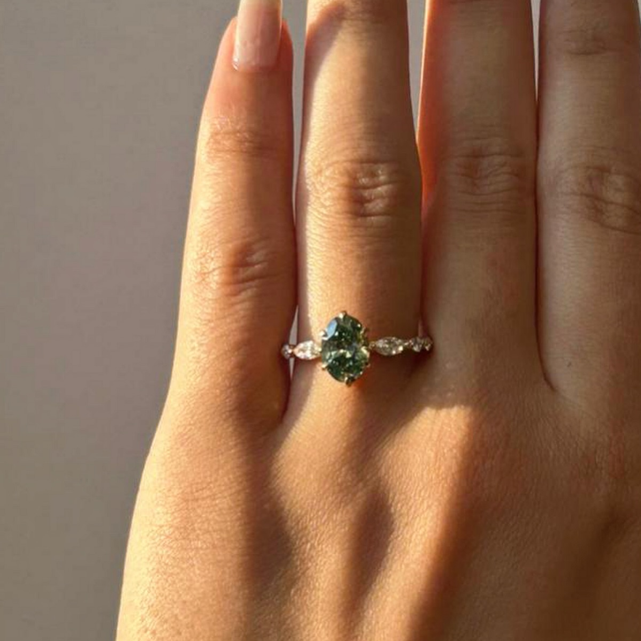 1 CT Deep Green Oval Lab Grown Diamond Engagement Ring | Marquise Side Stone Solitaire Ring | 14K Solid Gold