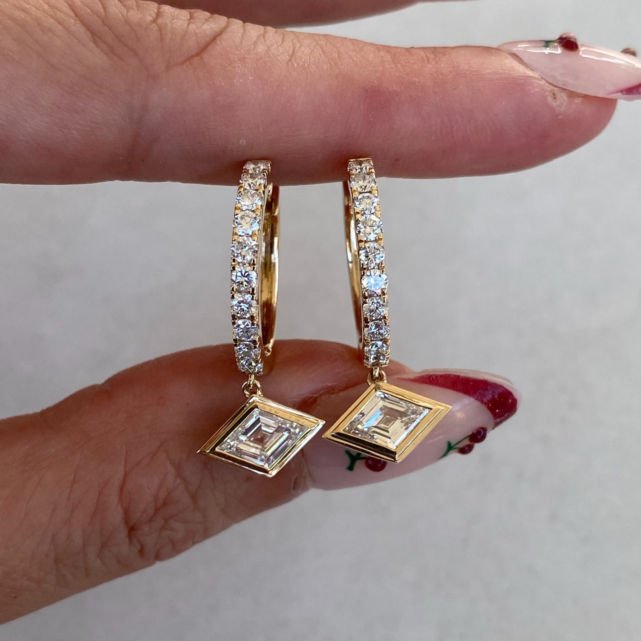 Lozenge Cut Lab Diamond Charm Hoop Earrings | Bezel Set Geometric Diamond Drop Earrings