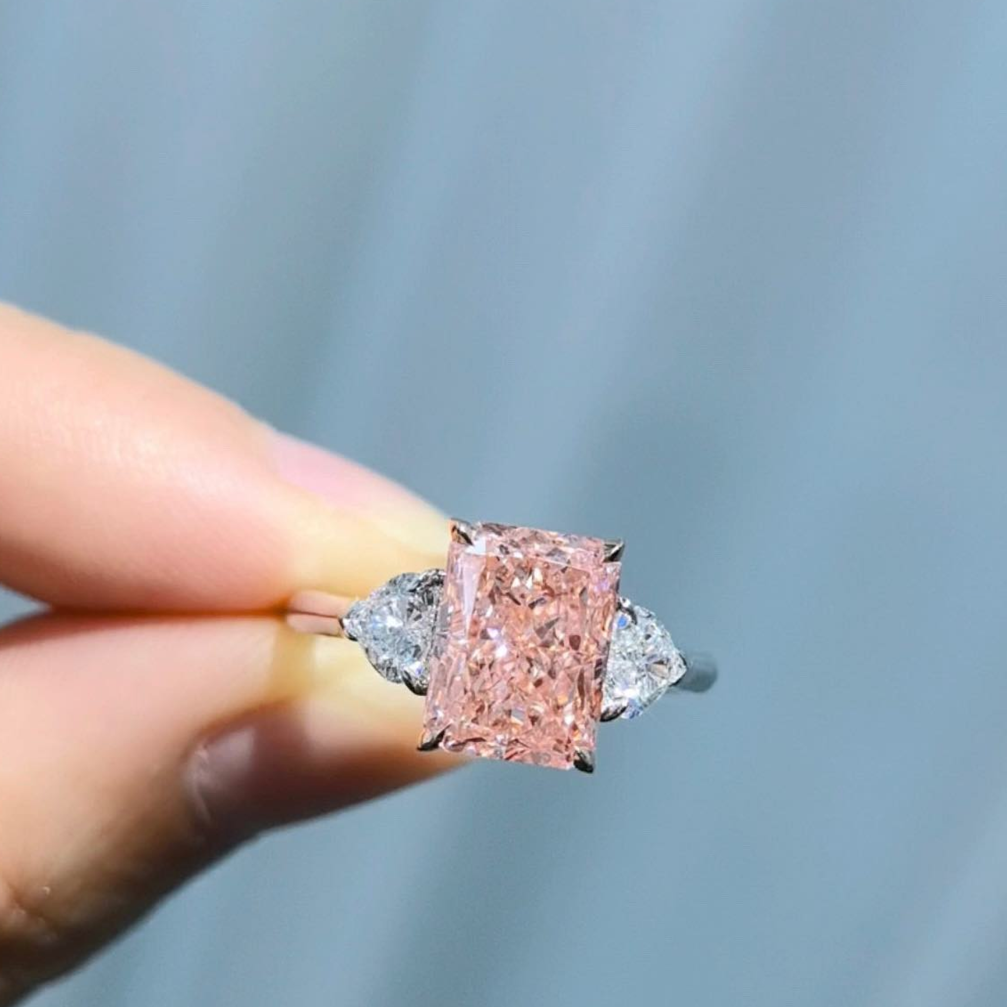 Pink Radiant Cut Lab Grown Diamond Engagement Ring | Pear Side Stone Three Stone Ring | 14K White Gold Bridal Ring
