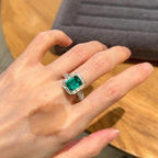 Emerald Cut Emerald & Baguette Diamond Halo Ring | Art Deco Engagement Ring