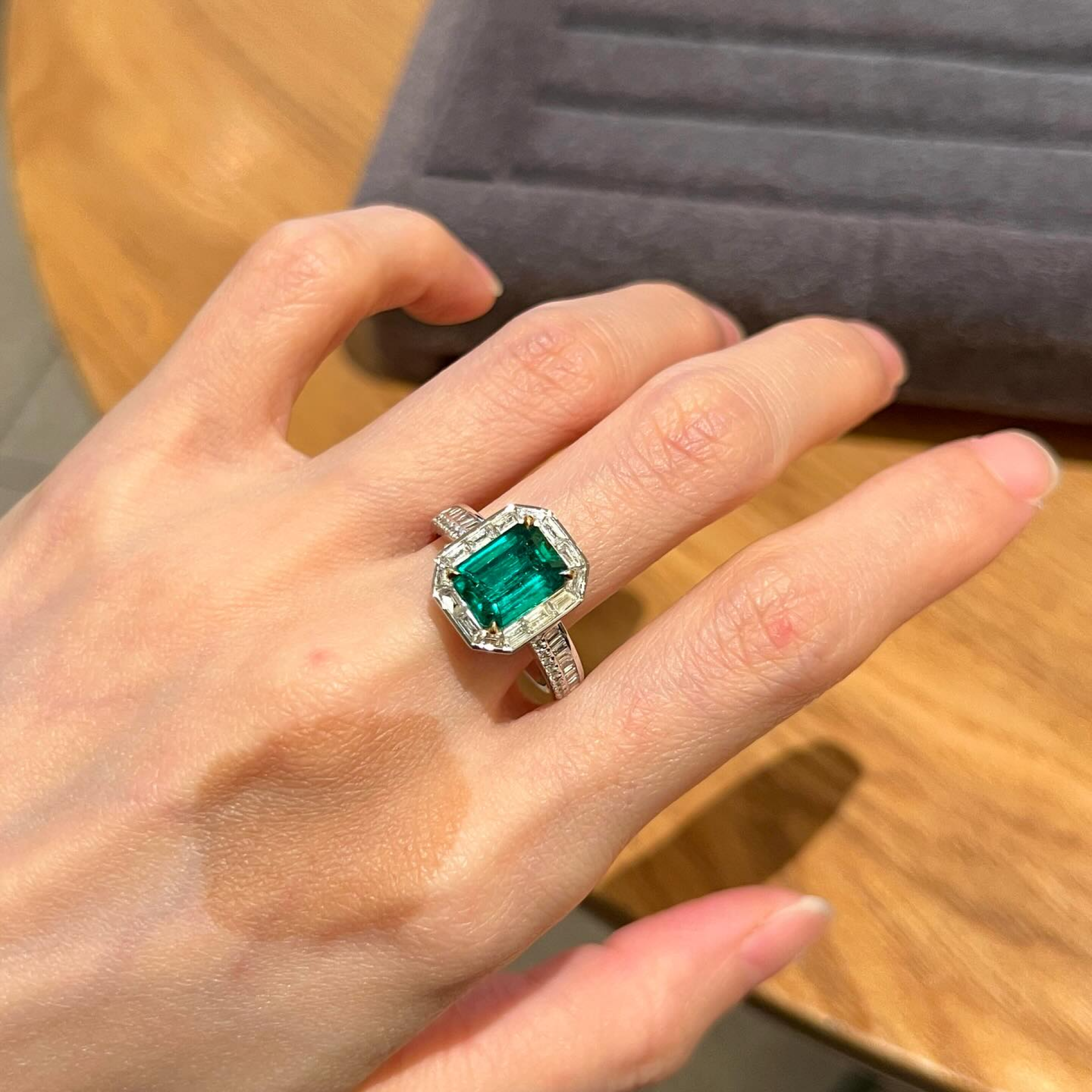 Emerald Cut Emerald & Baguette Diamond Halo Ring | Art Deco Engagement Ring