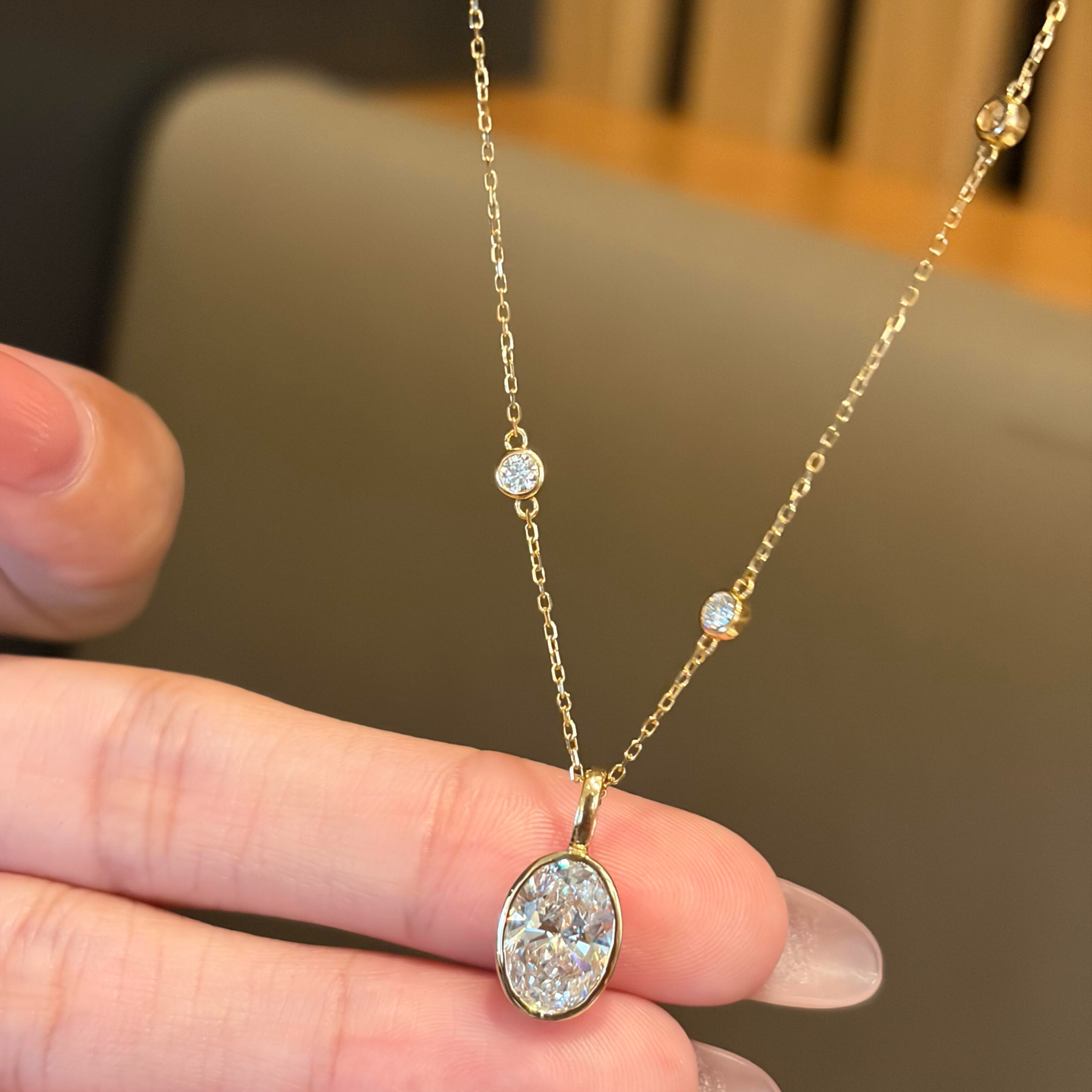 Oval Lab Grown Diamond Bezel Station Necklace | Minimalist Solitaire Pendant Necklace