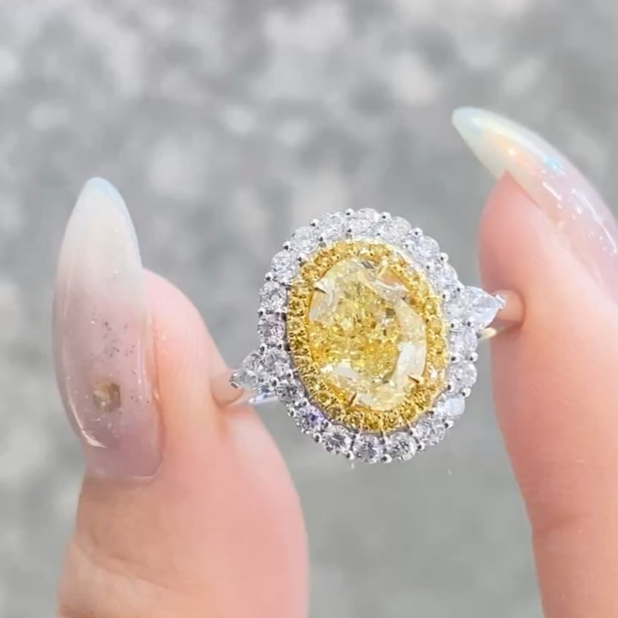 Fancy Yellow Oval Diamond Double Halo Ring | Trillion Side Stone Engagement Ring