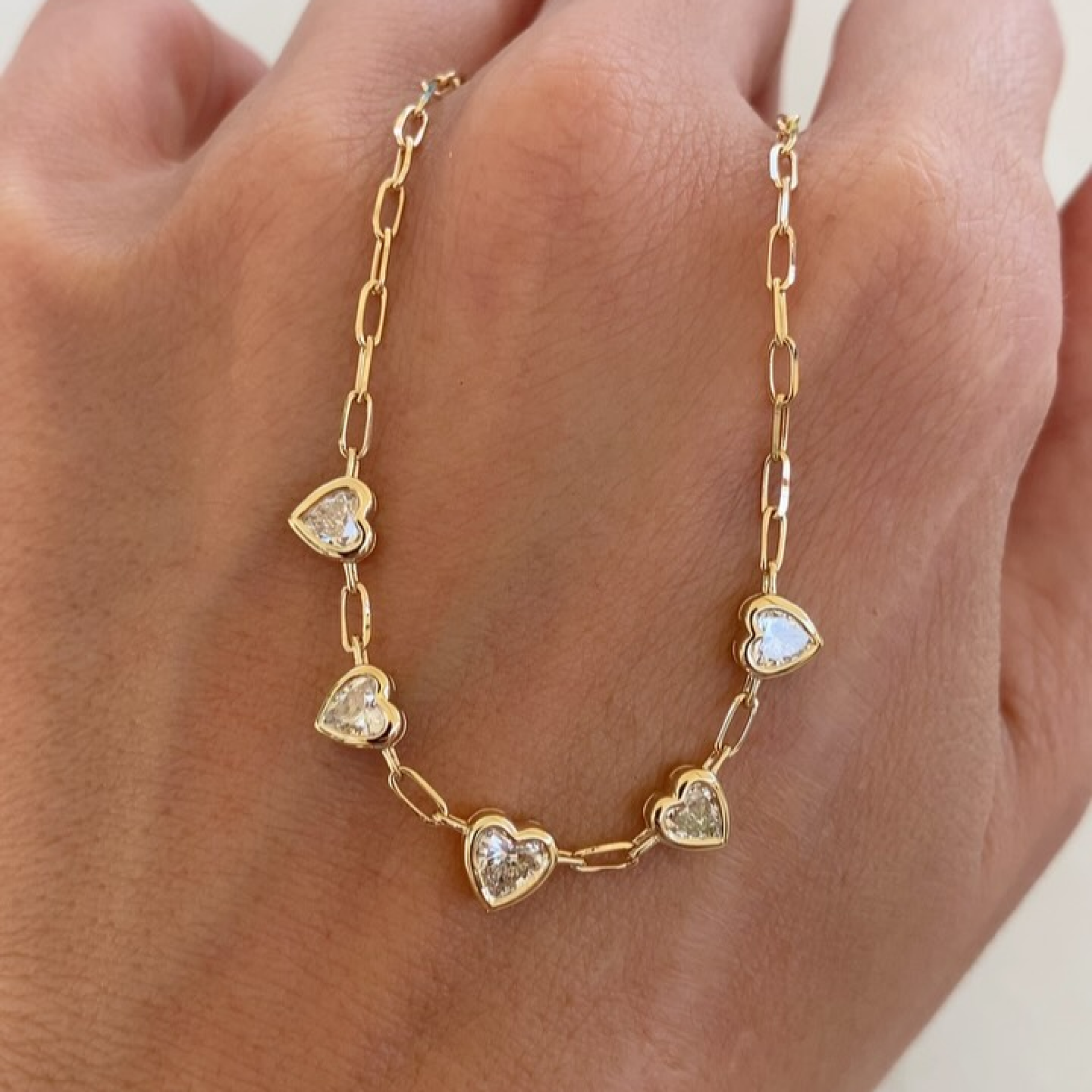 Heart Paperclip Necklace with Bezel Set Lab Grown Diamond Hearts | 14K Solid Gold Dainty Necklace