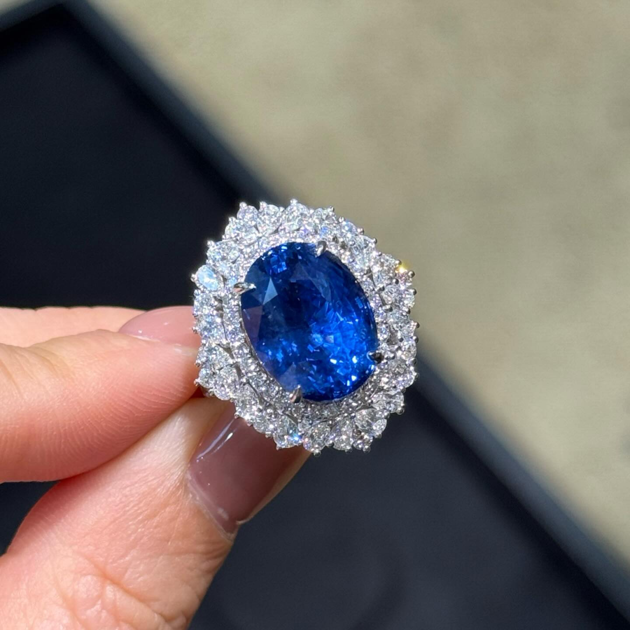 Oval Blue Sapphire & Diamond Double Halo Ring | Vintage Cocktail Ring