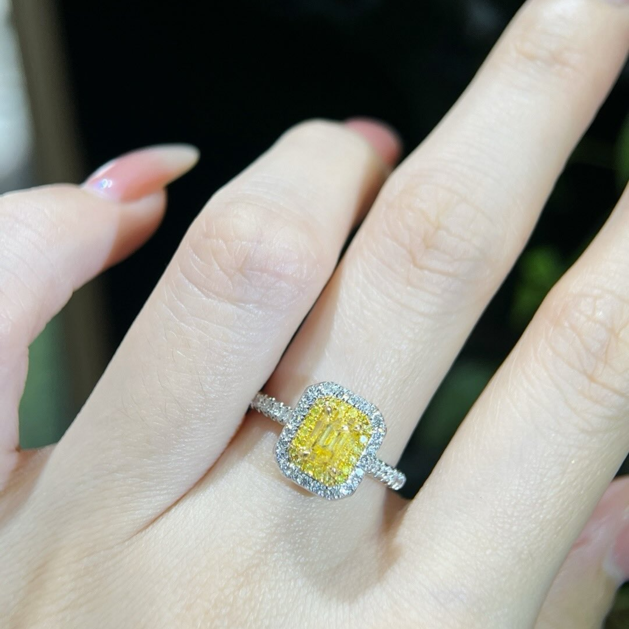Fancy Yellow Diamond Halo Engagement Ring | Radiant Cut Pavé Diamond Ring