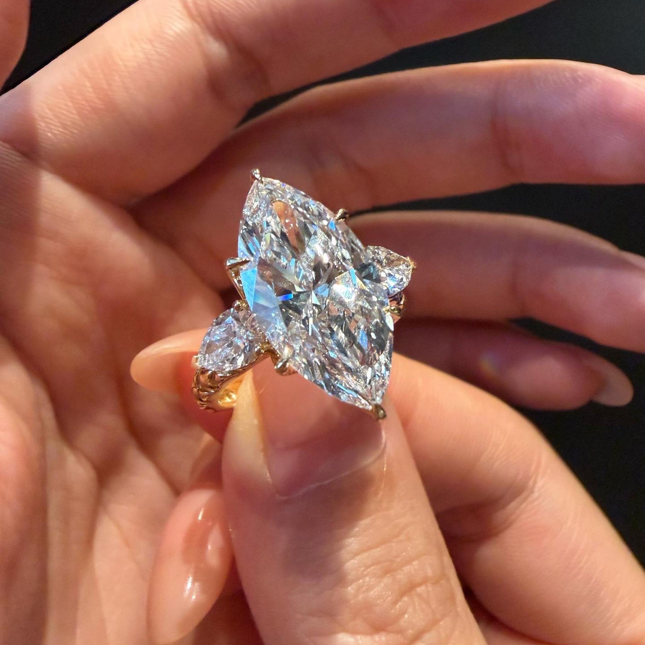 Marquise Lab Grown Diamond Engagement Ring with Pear Side Stones | Three Stone Gold Ring