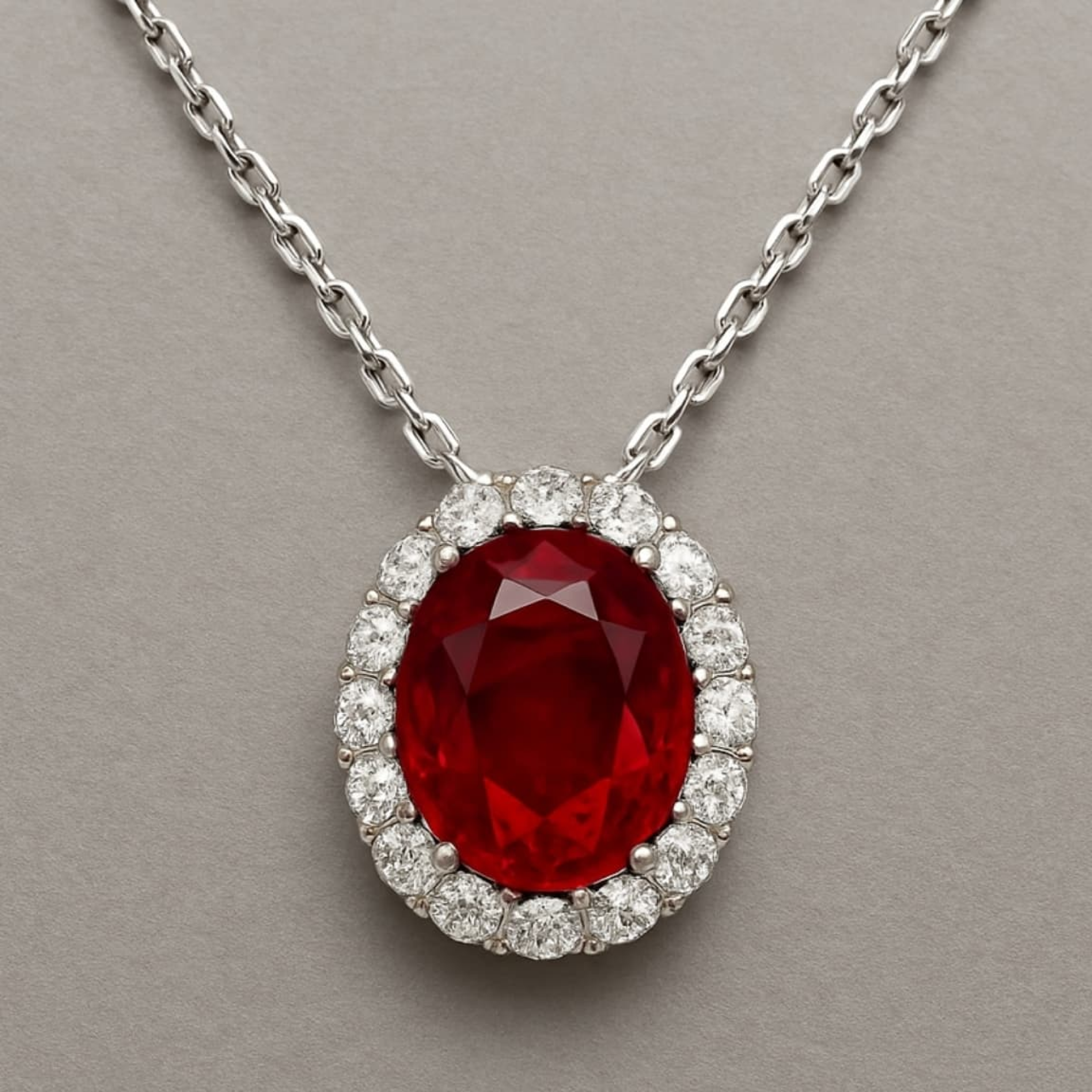Oval Ruby Diamond Halo Pendant Necklace | White Gold Classic Ruby Solitaire Pendant