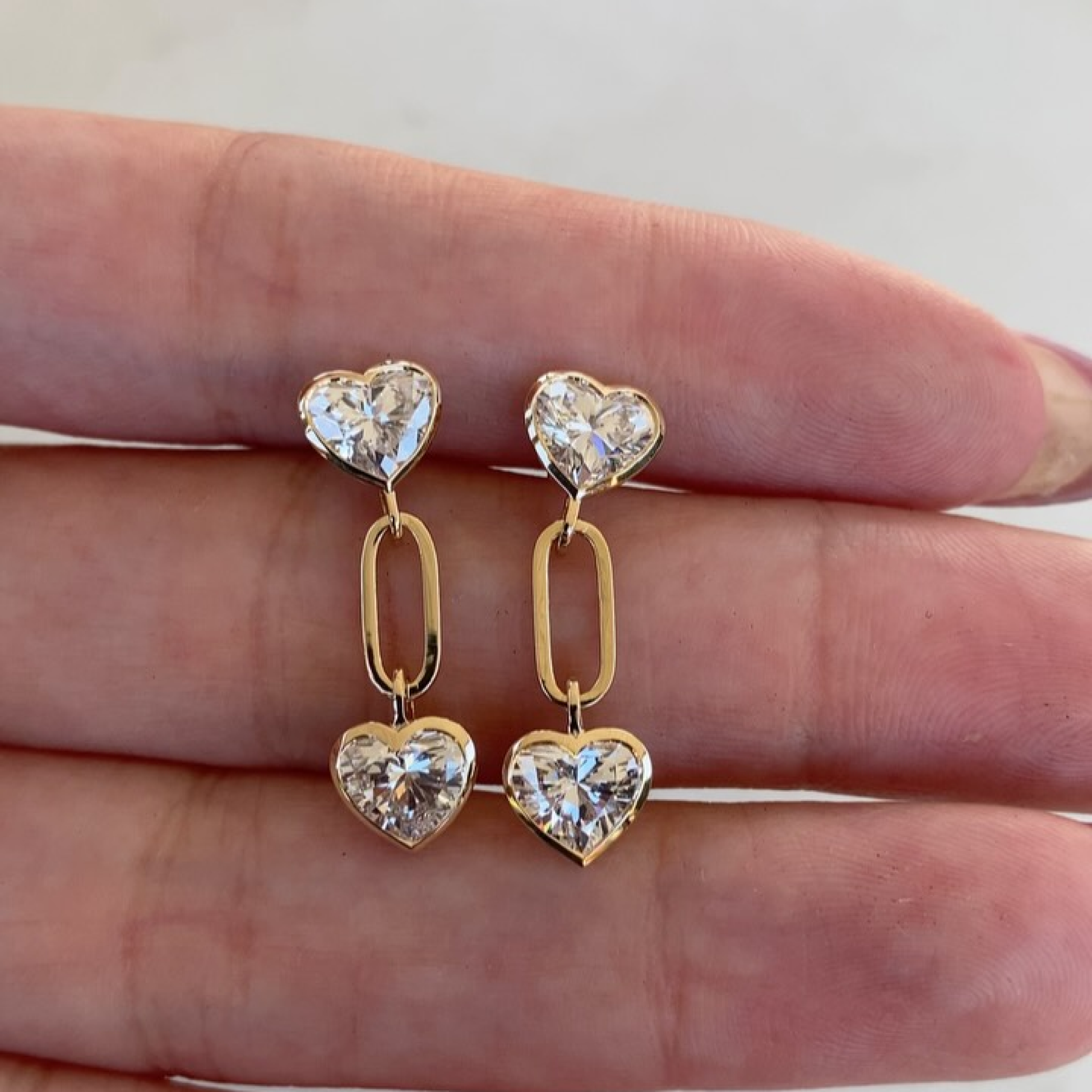 Heart Cut Lab Grown Diamond Paperclip Link Drop Earrings | 14K Gold Double Heart Dangle Earrings