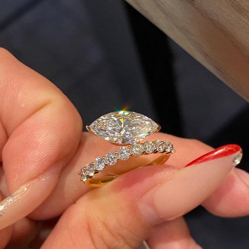 1 CT Marquise Cut Lab Grown Diamond Solitaire Ring | Round Diamond Wedding Band | 14K Gold Engagement Ring
