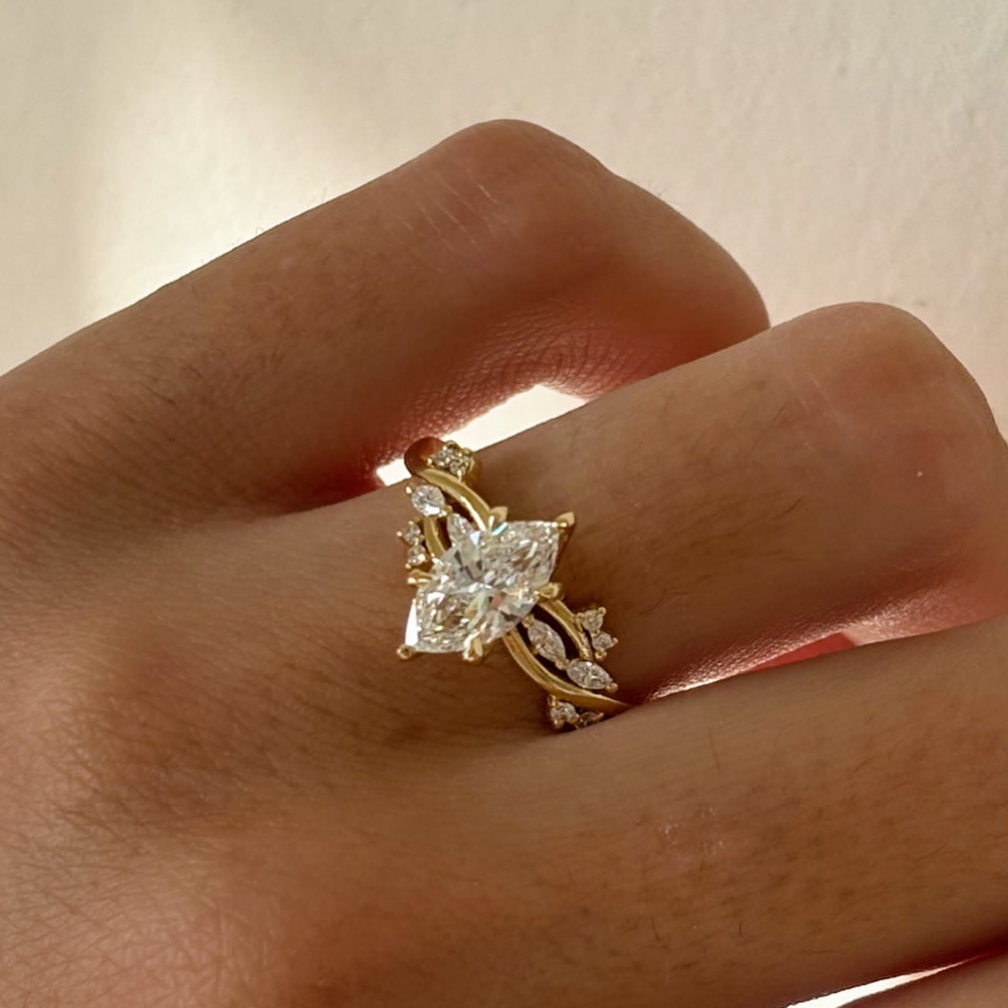 2 CT Marquise Lab Grown Diamond Engagement Ring with Leaf & Vine Diamond Band
